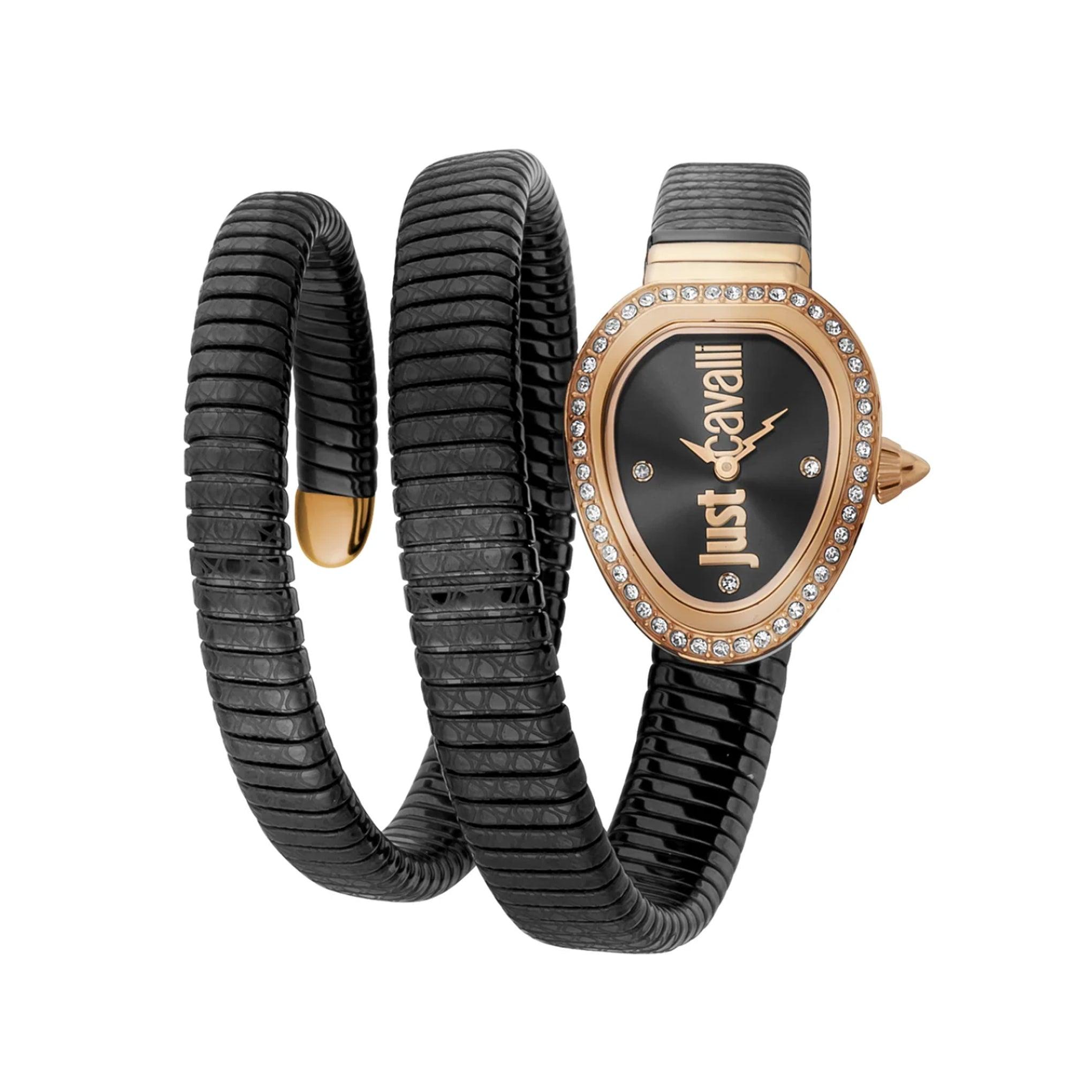 ساعة يد نسائية بشكل ثعبان - أسود - بحزام معدني مقاوم للصدأ جست كافالي Just Cavalli Glam Chic Snake Women's Coated Stainless Steel Watch
