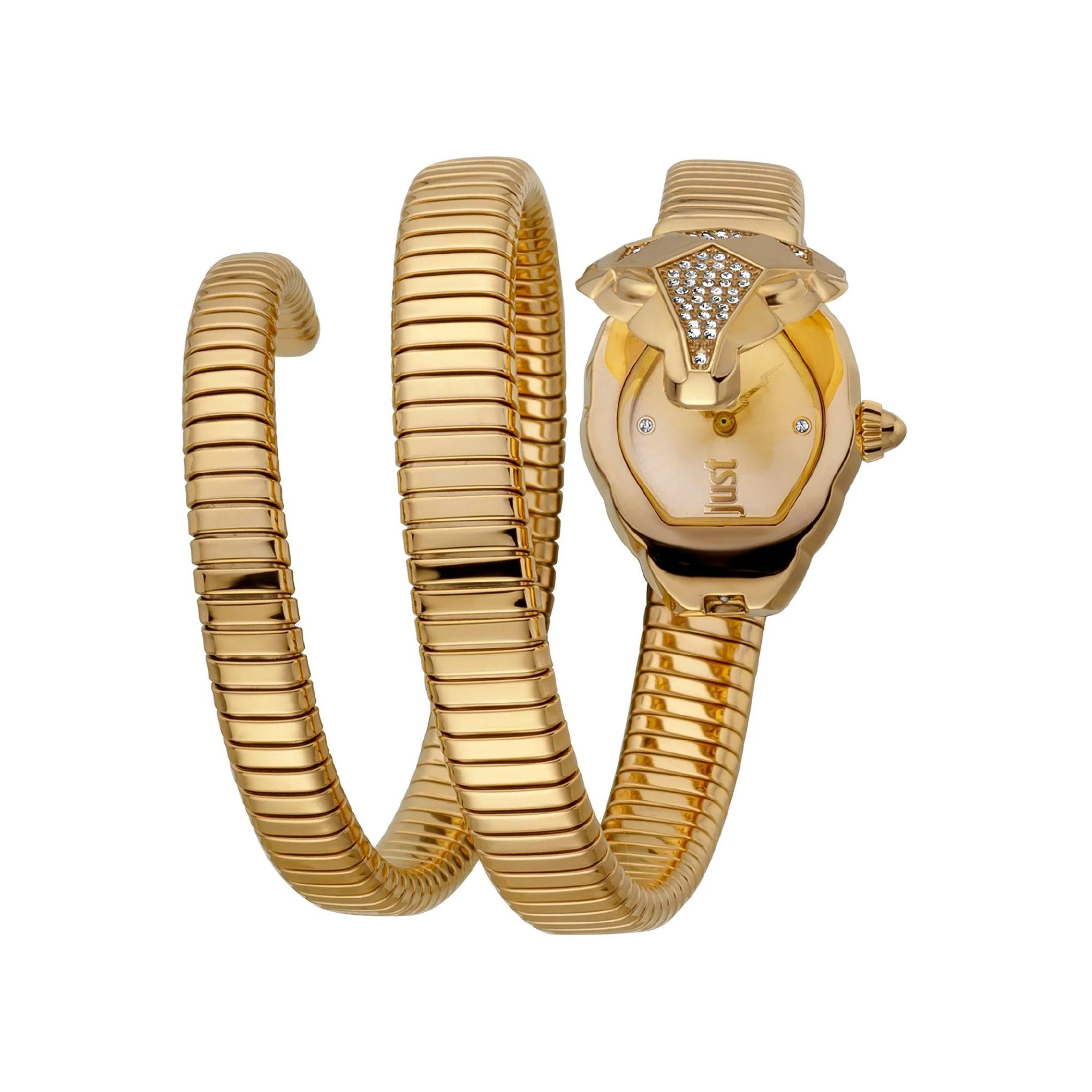 ساعة يد نسائية بشكل ثعبان - ذهبي - بحزام معدني مقاوم للصدأ جست كافالي Just Cavalli Nascosto Snake Yellow Gold Watch