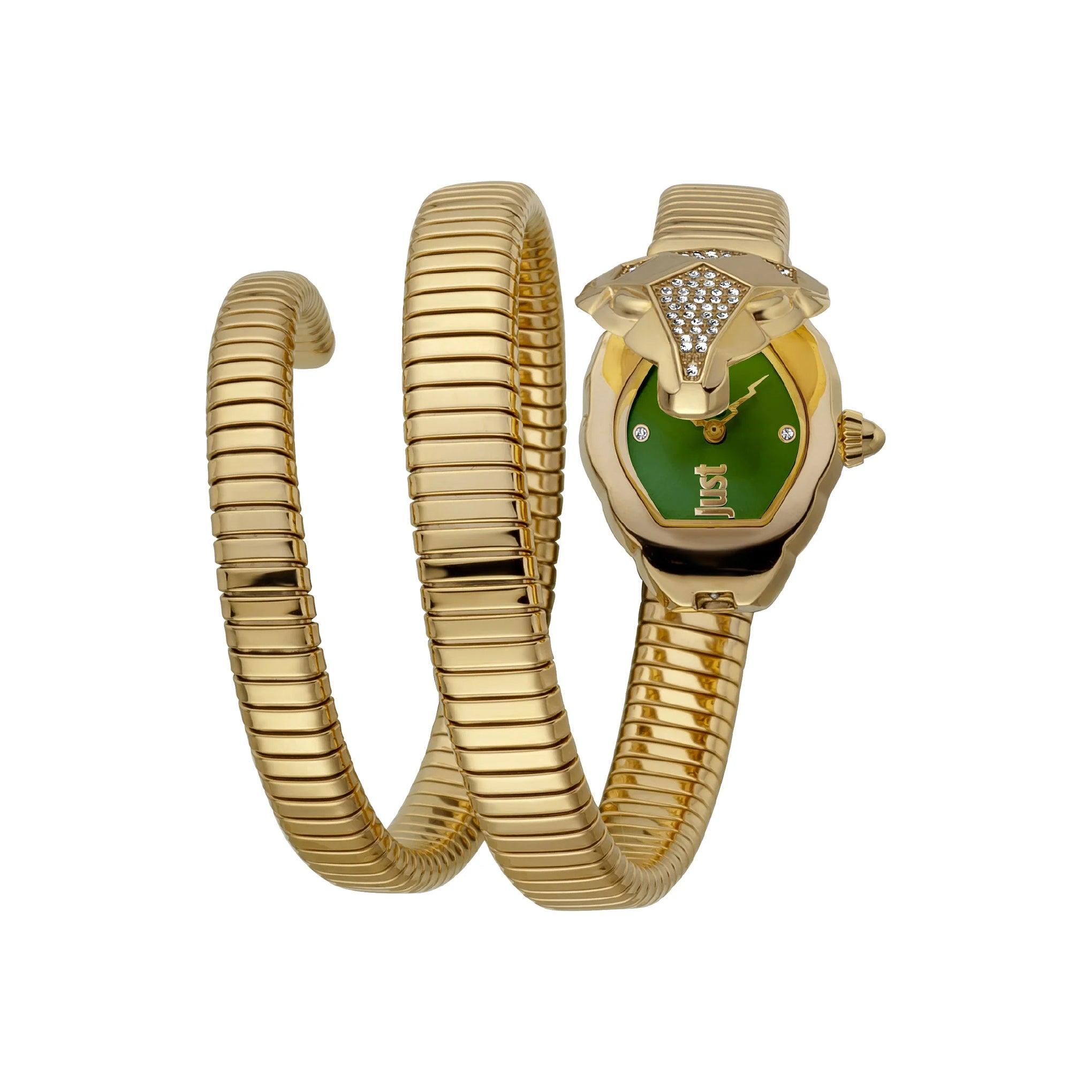 ساعة يد نسائية بشكل ثعبان - ذهبي - بحزام معدني مقاوم للصدأ جست كافالي Just Cavalli Nascosto Yellow Gold Green Quartz Watch