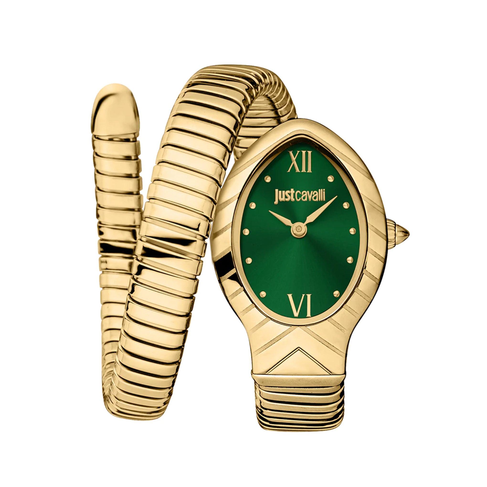 Just Cavalli Snake Classico Corto Golden Stainless Steel Green Dial Jc1l247m0035