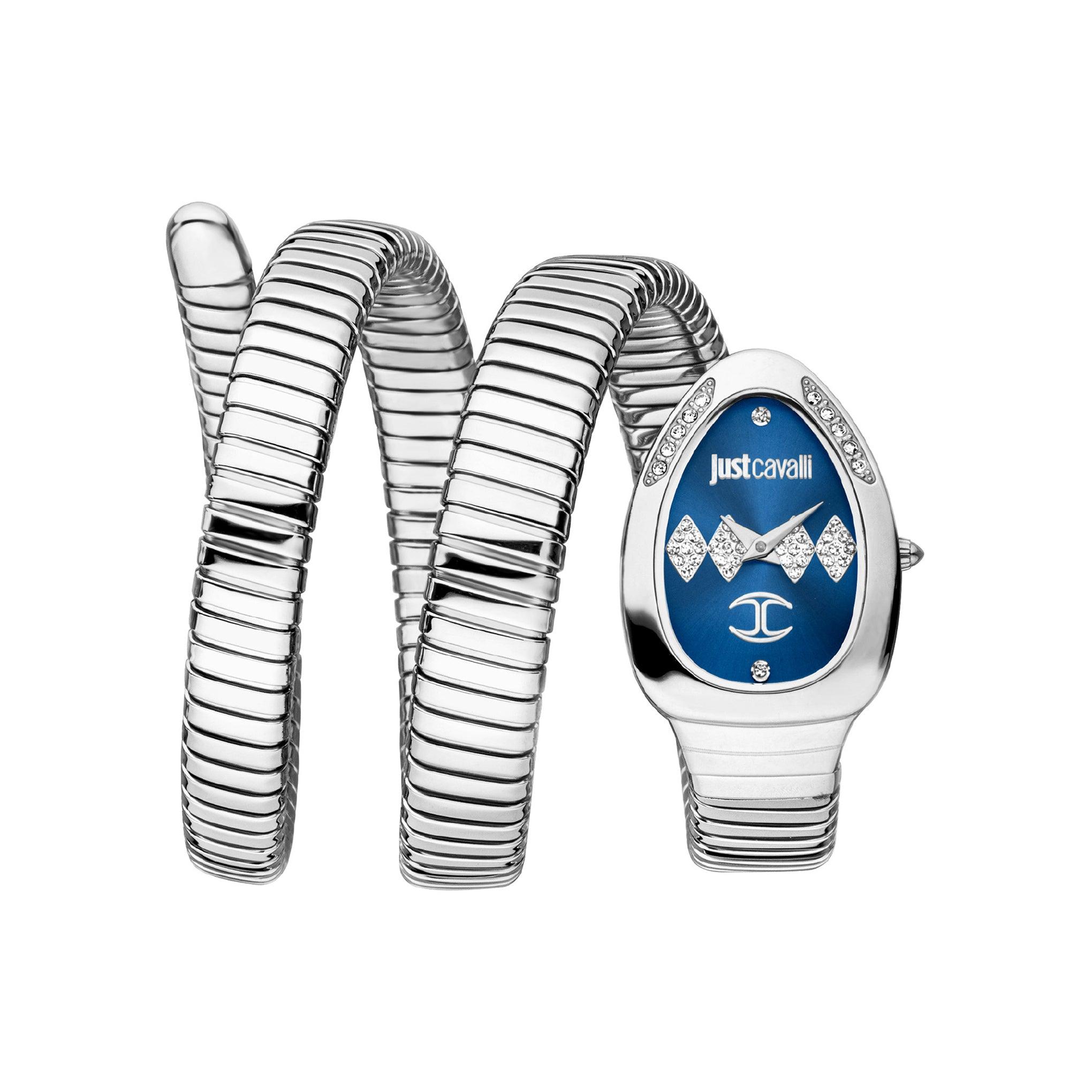 ساعة يد نسائية بشكل ثعبان – فضي - بحزام معدني مقاوم للصدأ جست كافالي Just Cavalli Vezzoso Women's Silver Blue Stainless Steel Quartz Watch