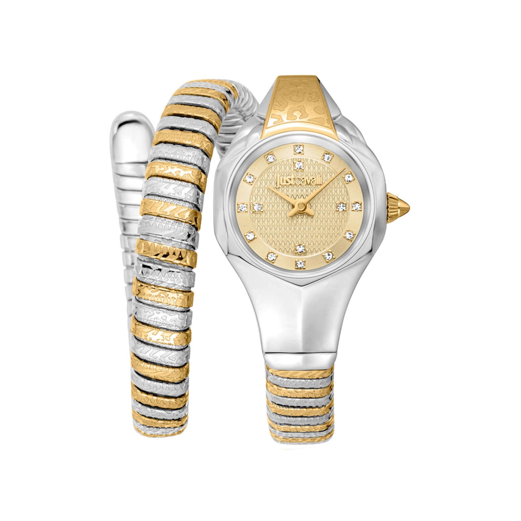 ساعة يد نسائية بشكل ثعبان - فضي و ذهبي - بحزام معدني مقاوم للصدأ جست كافالي Just Cavalli Women's Amalfi Silver Gold Stainless Steel Watch