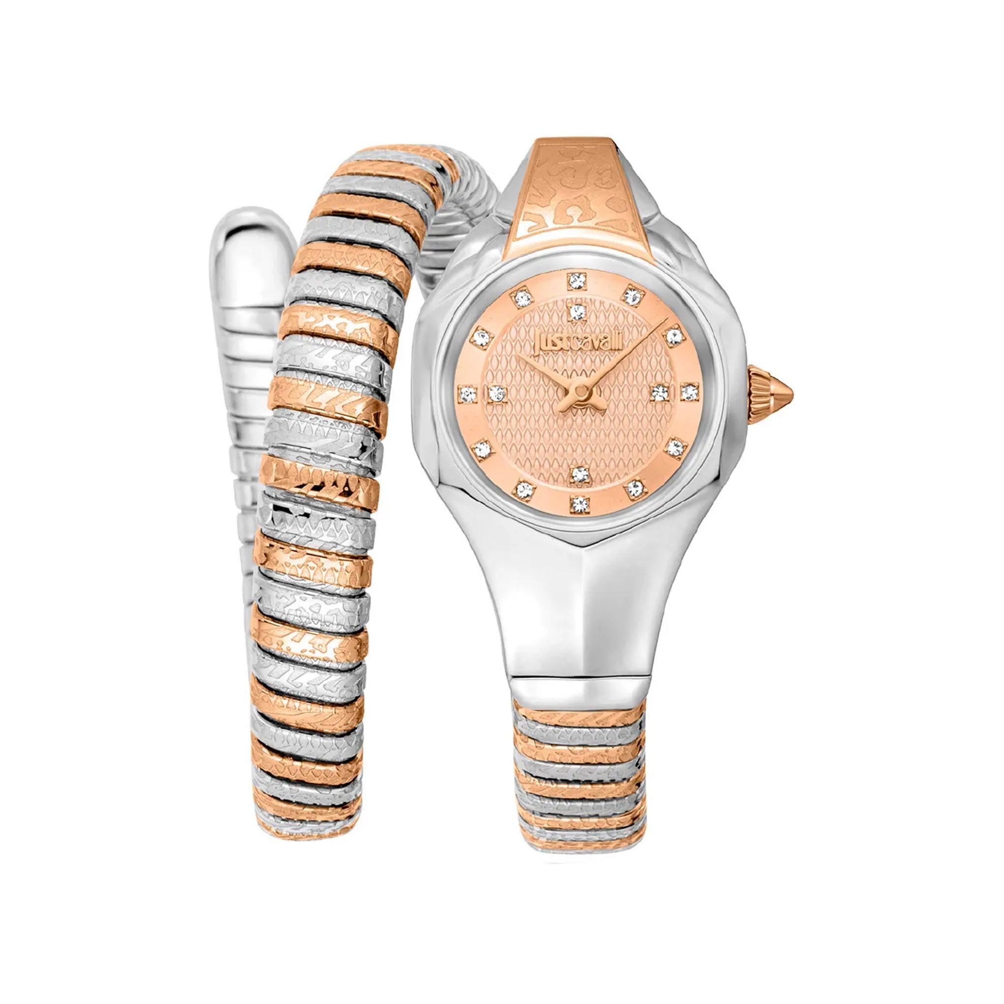 ساعة يد نسائية بشكل ثعبان - فضي و ذهبي وردي - بحزام معدني مقاوم للصدأ جست كافالي Just Cavalli Women's Amalfi Two Tones Rose Gold Stainless Steel Watch