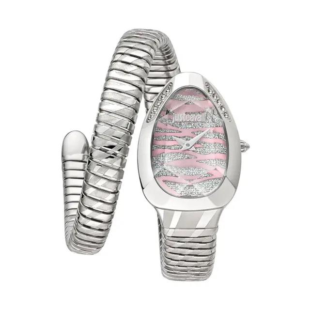 ساعة يد نسائية بشكل ثعبان - فضي و وردي فاتح - بحزام معدني مقاوم للصدأ جست كافالي Just Cavalli Women's Analog Silver/Light Pink Watch - SW1hZ2U6MTgzMDcxOA==