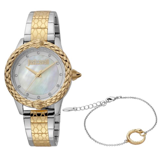 ساعة يد نسائية - فضي و ذهبي - بحزام معدني مقاوم للصدأ جست كافالي Just Cavalli Women's Animalier Stainless Steel Set Watch - SW1hZ2U6MTgyNTI5Nw==