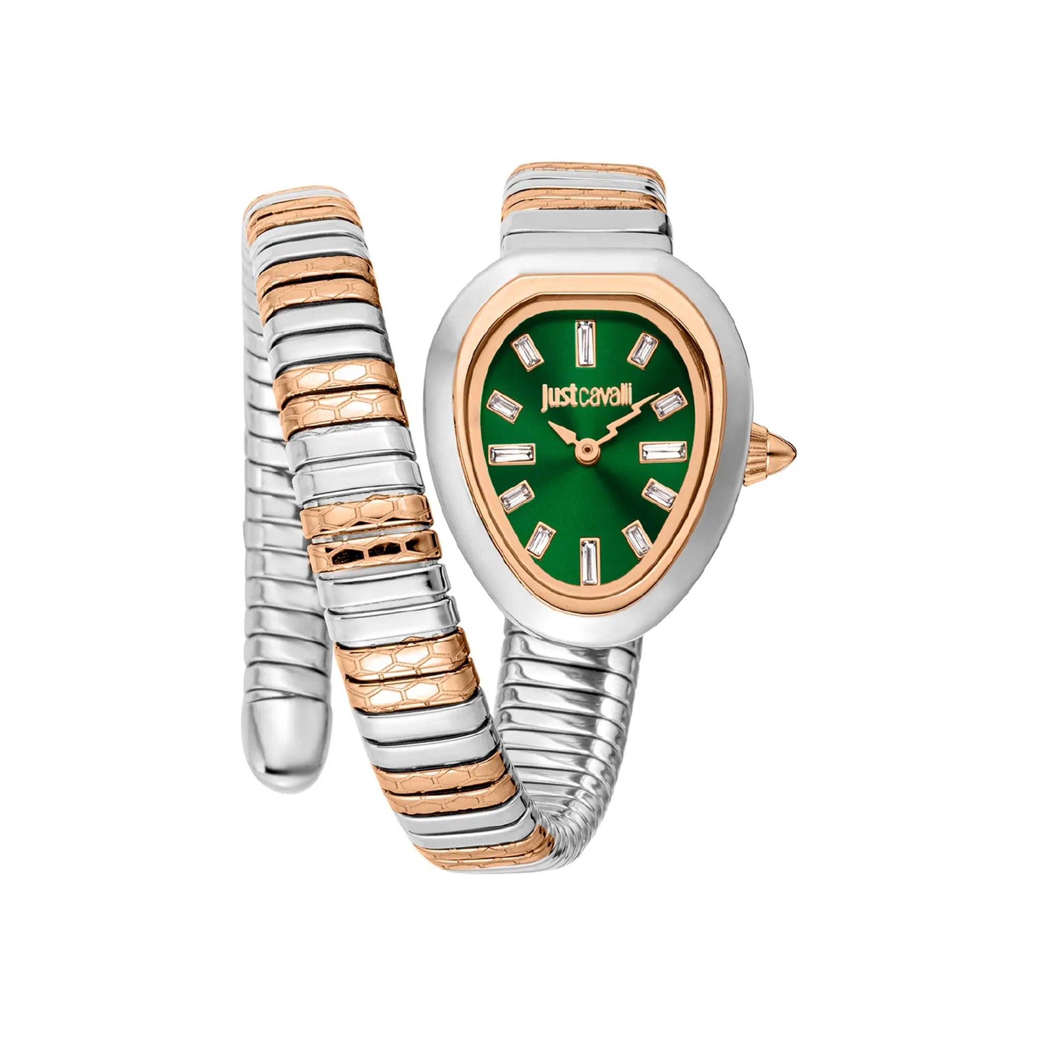 ساعة يد نسائية بشكل ثعبان - ذهبي وردي - بحزام معدني مقاوم للصدأ جست كافالي Just Cavalli Women's Aversa Two Tones Quartz Watch