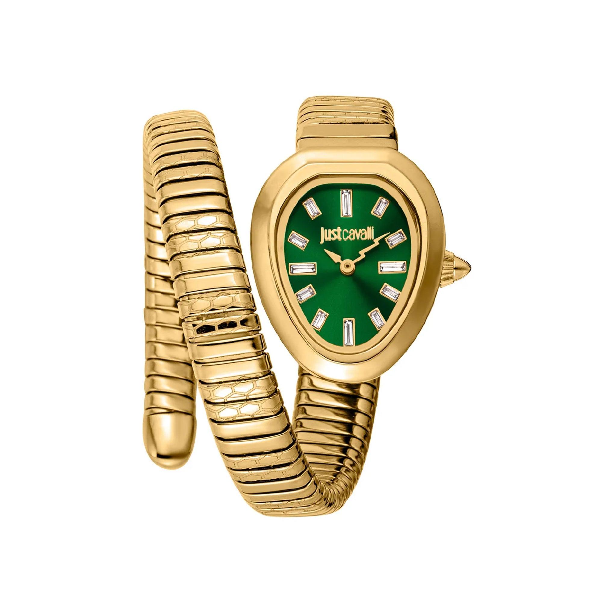 ساعة يد نسائية بشكل ثعبان - ذهبي - بحزام معدني مقاوم للصدأ جست كافالي Just Cavalli Women's Aversa Yellow Gold Green Quartz Watch