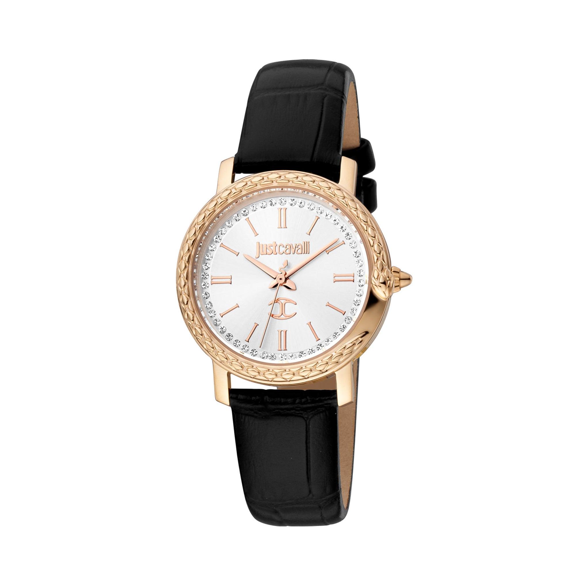 ساعة يد نسائية - أبيض و ذهبي - بحزام أسود من الجلد الطبيعي هوغو بوس Just Cavalli Women's Black Leather Wrist Watch