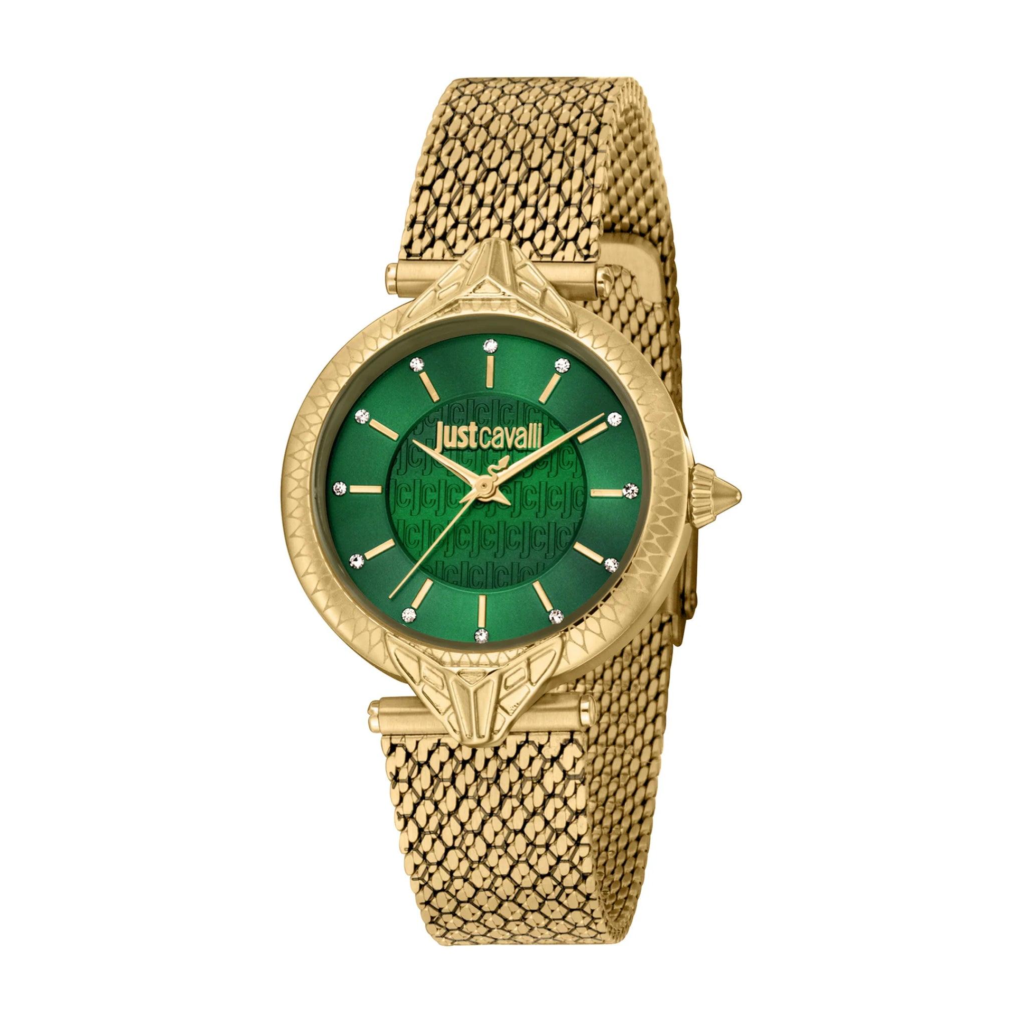 ساعة يد نسائية - ذهبي - بحزام معدني مقاوم للصدأ جست كافالي Just Cavalli Women's Creazione Yellow Gold Green Watch