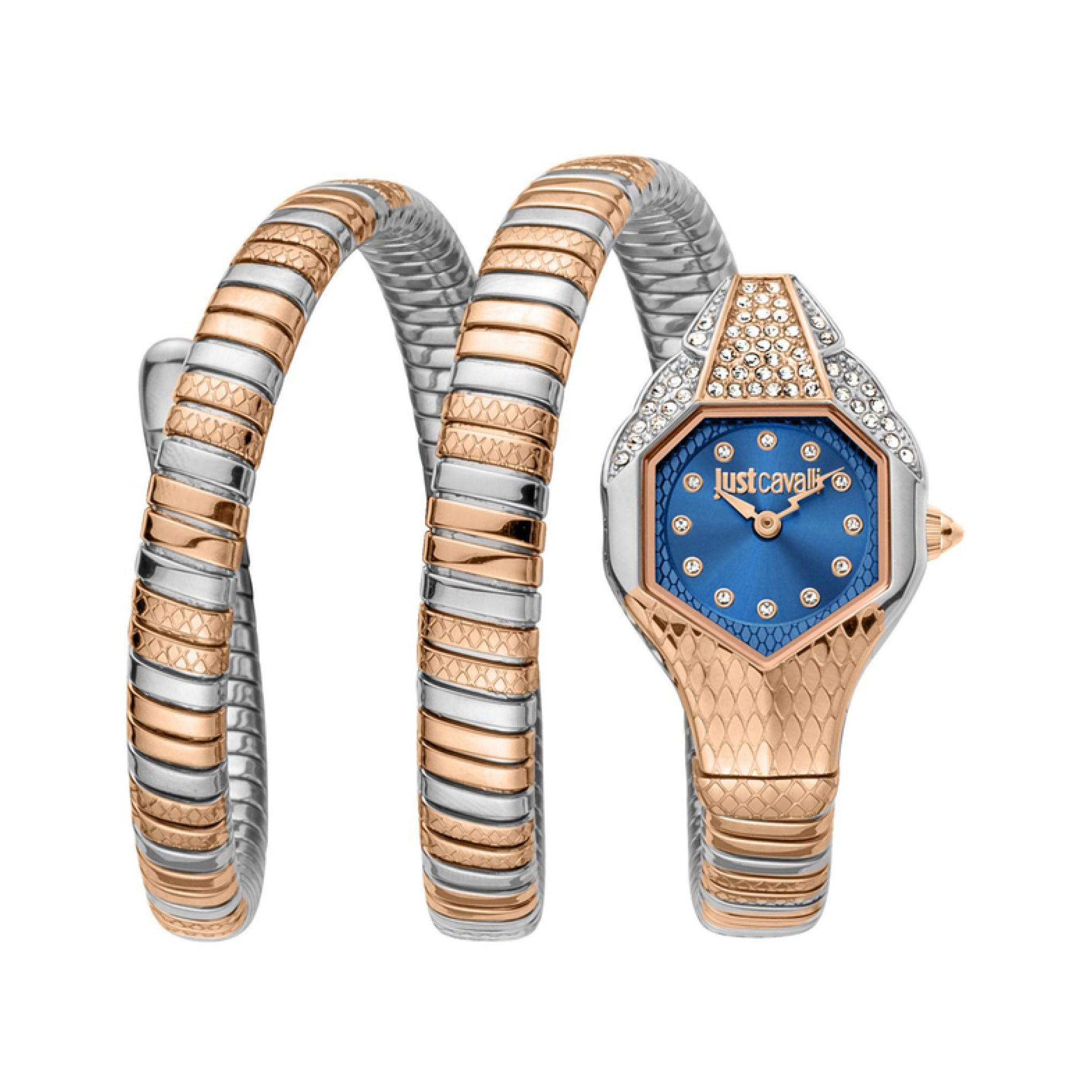 ساعة يد نسائية بشكل ثعبان - فضي و ذهبي وردي - بحزام معدني مقاوم للصدأ جست كافالي Just Cavalli Women's Glam Evo 7 Family Watch