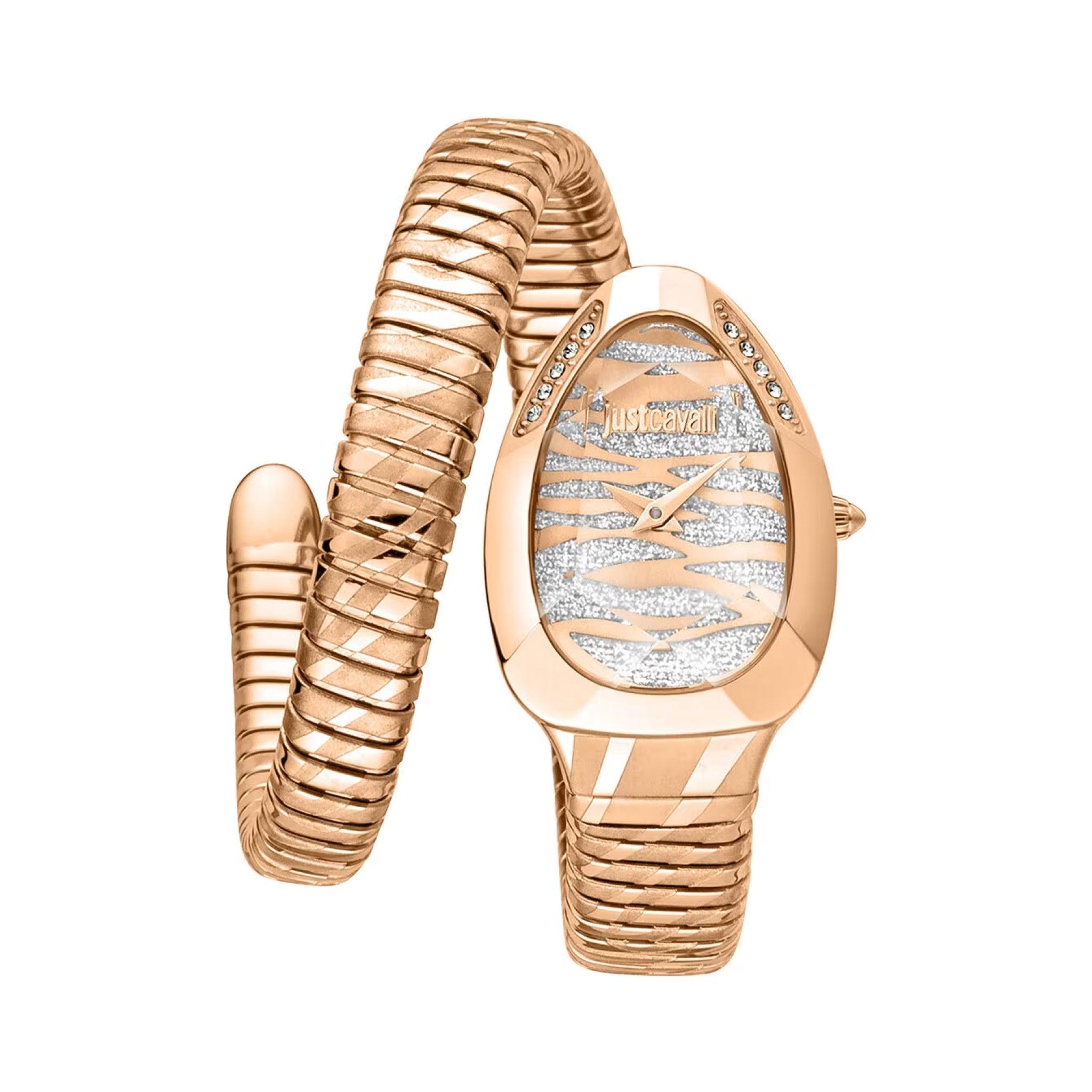 ساعة يد نسائية بشكل ثعبان - ذهبي - بحزام معدني مقاوم للصدأ جست كافالي Just Cavalli Women's Glam Evo 8 Family Watch