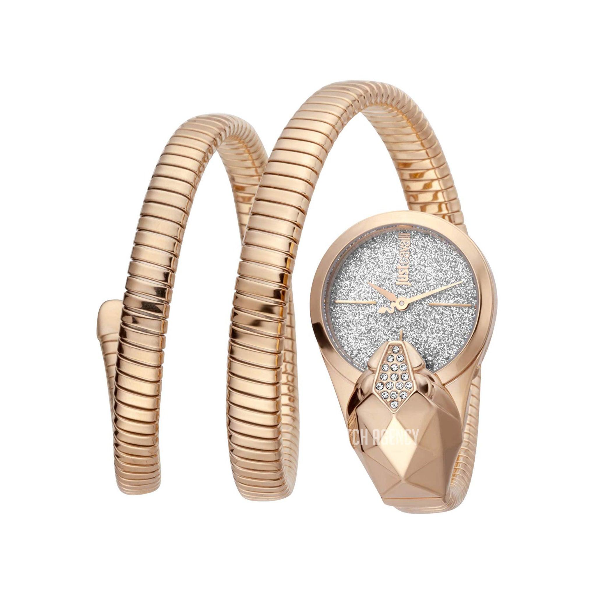 ساعة يد نسائية بشكل ثعبان - ذهبي - بحزام معدني مقاوم للصدأ جست كافالي Just Cavalli Women's Glam Snake Metallic Analogue Watch