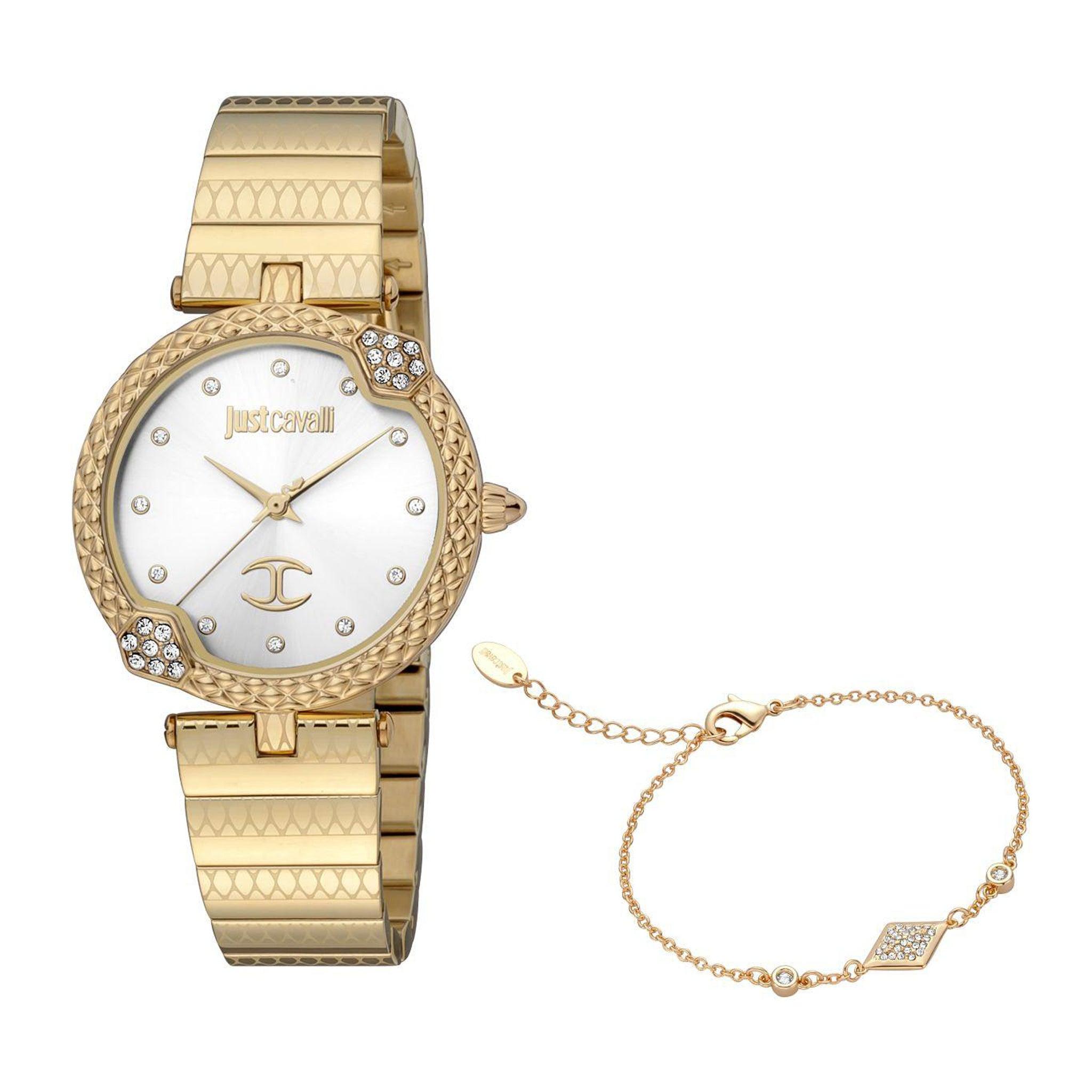 ساعة يد نسائية - ذهبي - بحزام معدني مقاوم للصدأ جست كافالي Just Cavalli Women's Gold Stainless Steel Watch With Bracelet