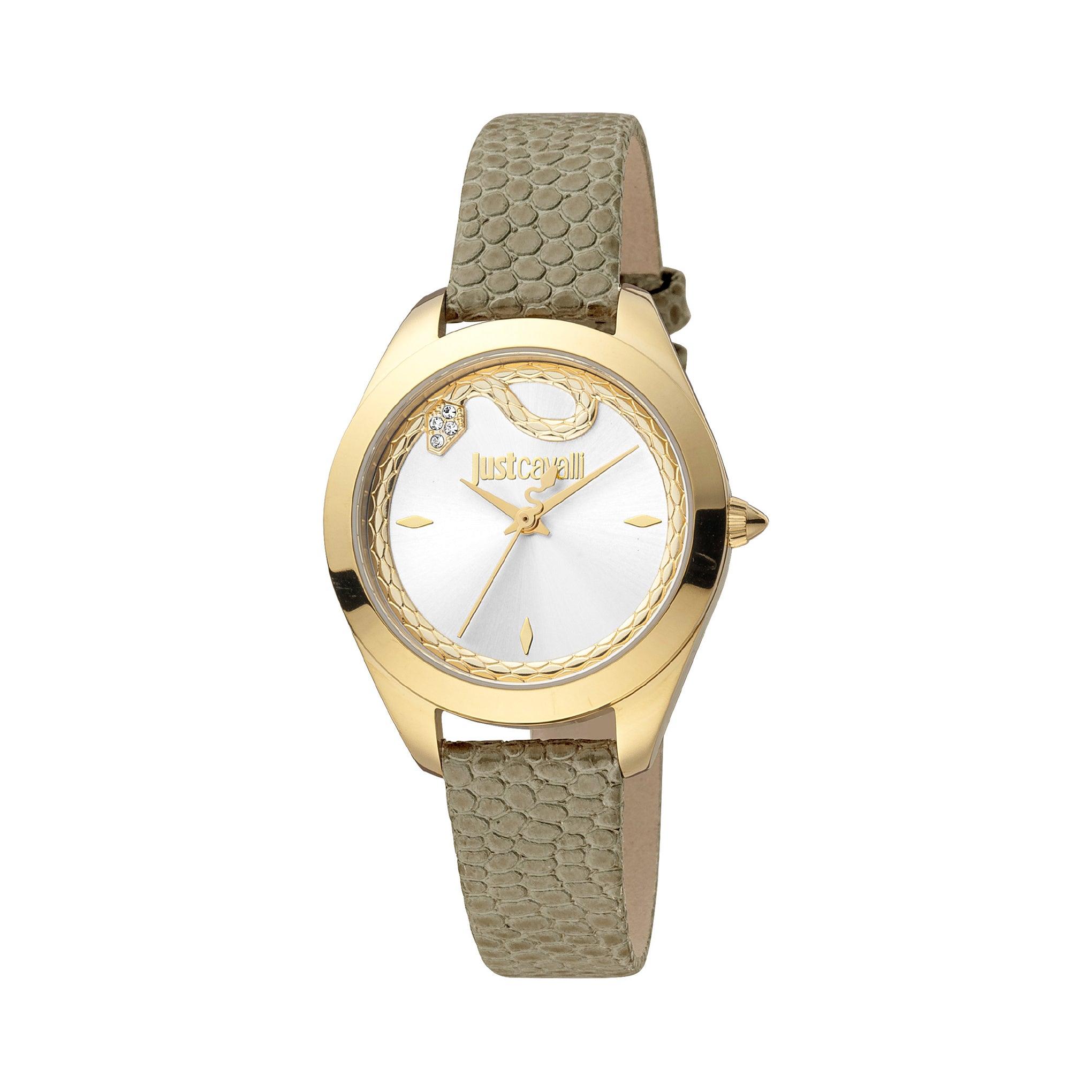 ساعة يد نسائية - ذهبية و مينا أبيض - بحزام رمادي مصنوع من الجلد جست كافالي Just Cavalli Women's Grey Leather Wrist Watch