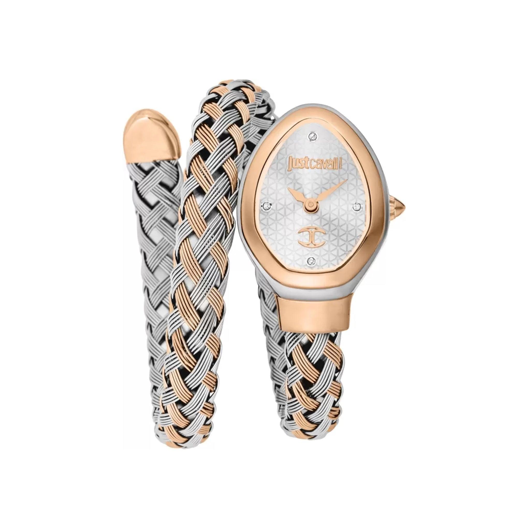 ساعة يد نسائية بشكل ثعبان - فضي و ذهبي وردي - بحزام معدني مقاوم للصدأ جست كافالي Just Cavalli Women's Novara Two Tone Stainless Steel Watch