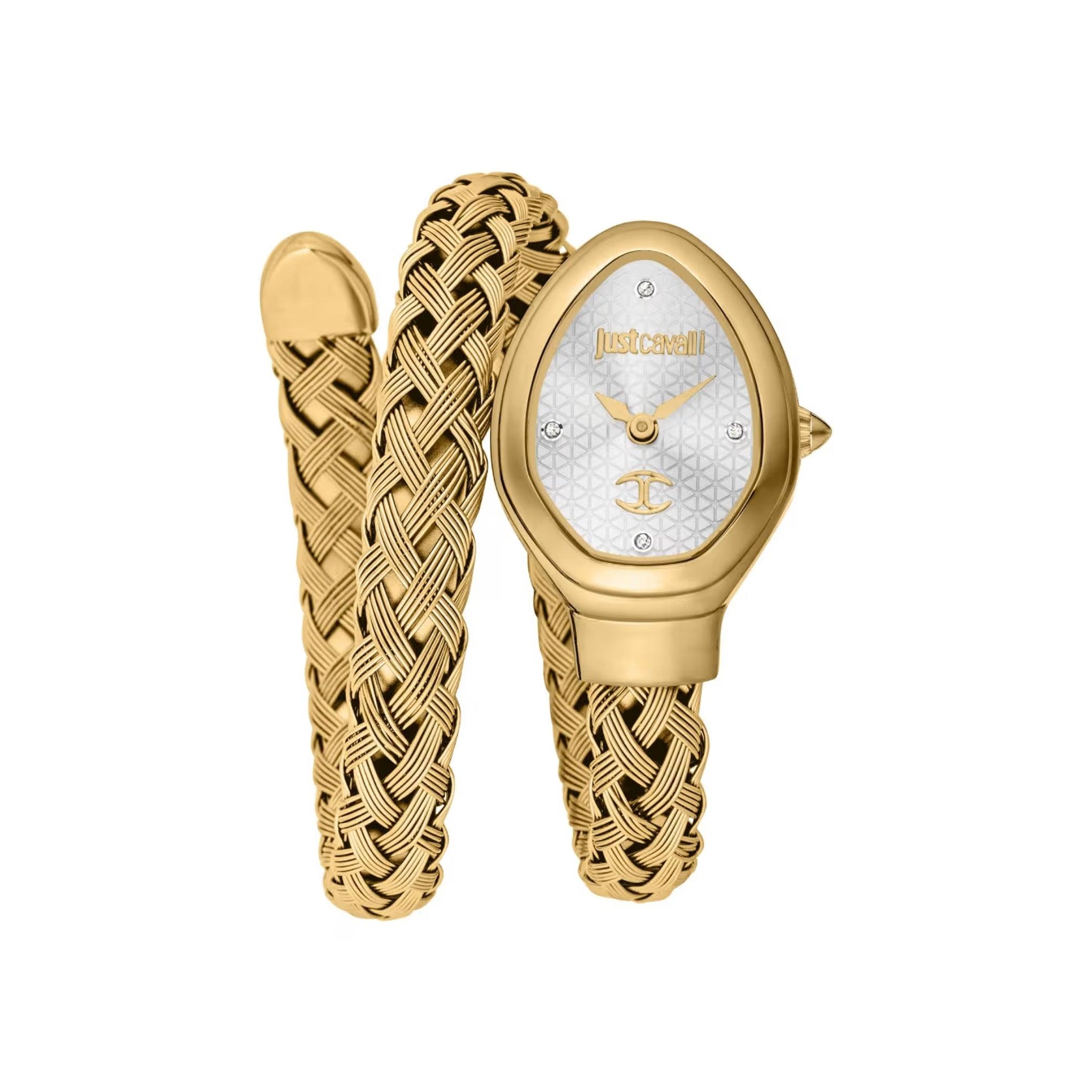ساعة يد نسائية بشكل ثعبان - ذهبي - بحزام معدني مقاوم للصدأ جست كافالي Just Cavalli Women's Oval Shape Stainless Steel Wrist Watch