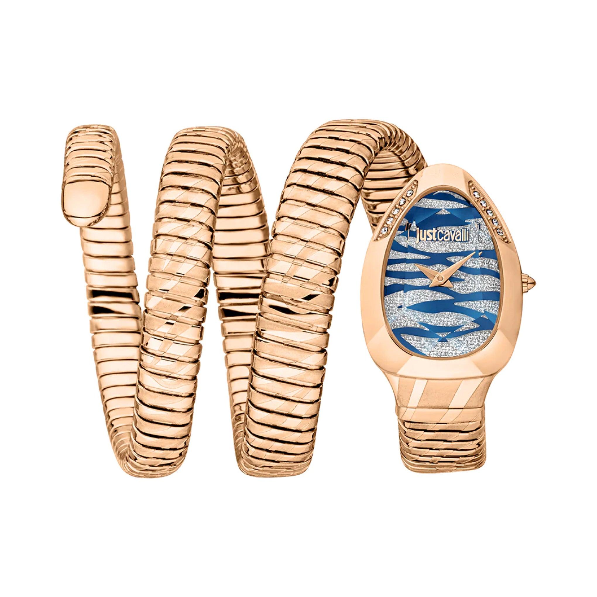 ساعة يد نسائية بشكل ثعبان - ذهبي - بحزام معدني مقاوم للصدأ جست كافاليJust Cavalli Women's Serpente Taglio Analog Watch