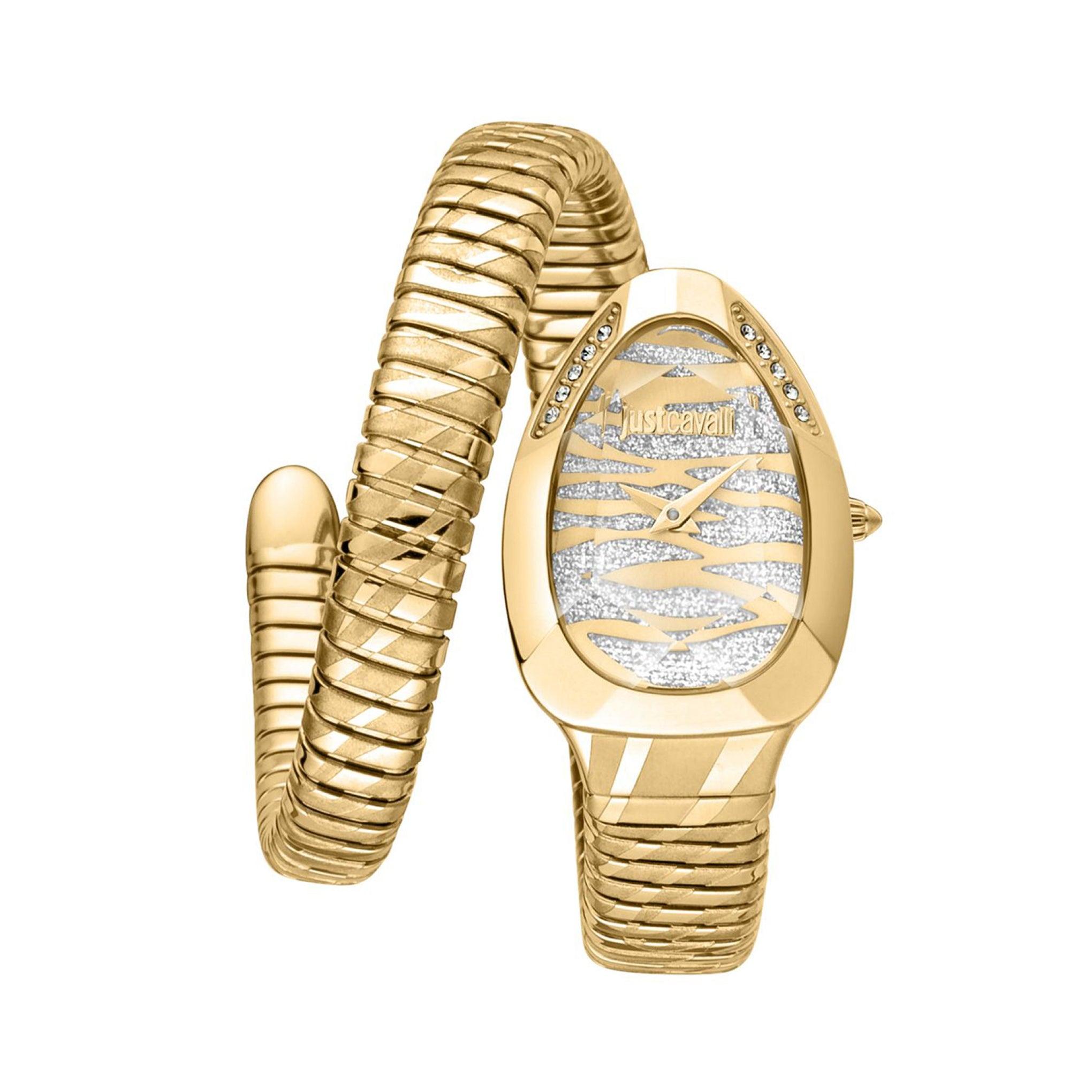 ساعة يد نسائية بشكل ثعبان - ذهبي - بحزام معدني مقاوم للصدأ جست كافالي Just Cavalli Women's Signature Snake Glam Evo 8 Gold Watch