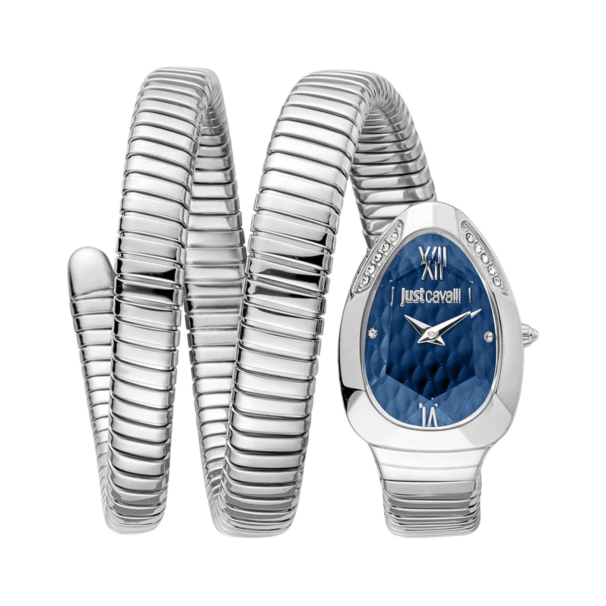 ساعة يد نسائية بشكل ثعبان - فضي - بحزام معدني مقاوم للصدأ جست كافالي Just Cavalli Women's Signature Snake Glam Evo 9 Silver Watch