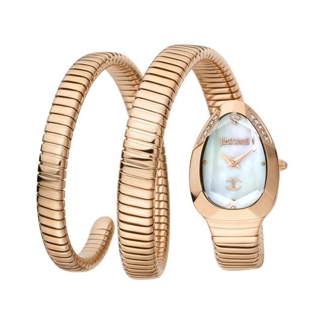 ساعة يد نسائية بشكل ثعبان- ذهبي - بحزام معدني مقاوم للصدأ جست كافالي Just Cavalli Women's Signature Snake Stainless Steel Quartz Watch - SW1hZ2U6MTgxODQ5NA==