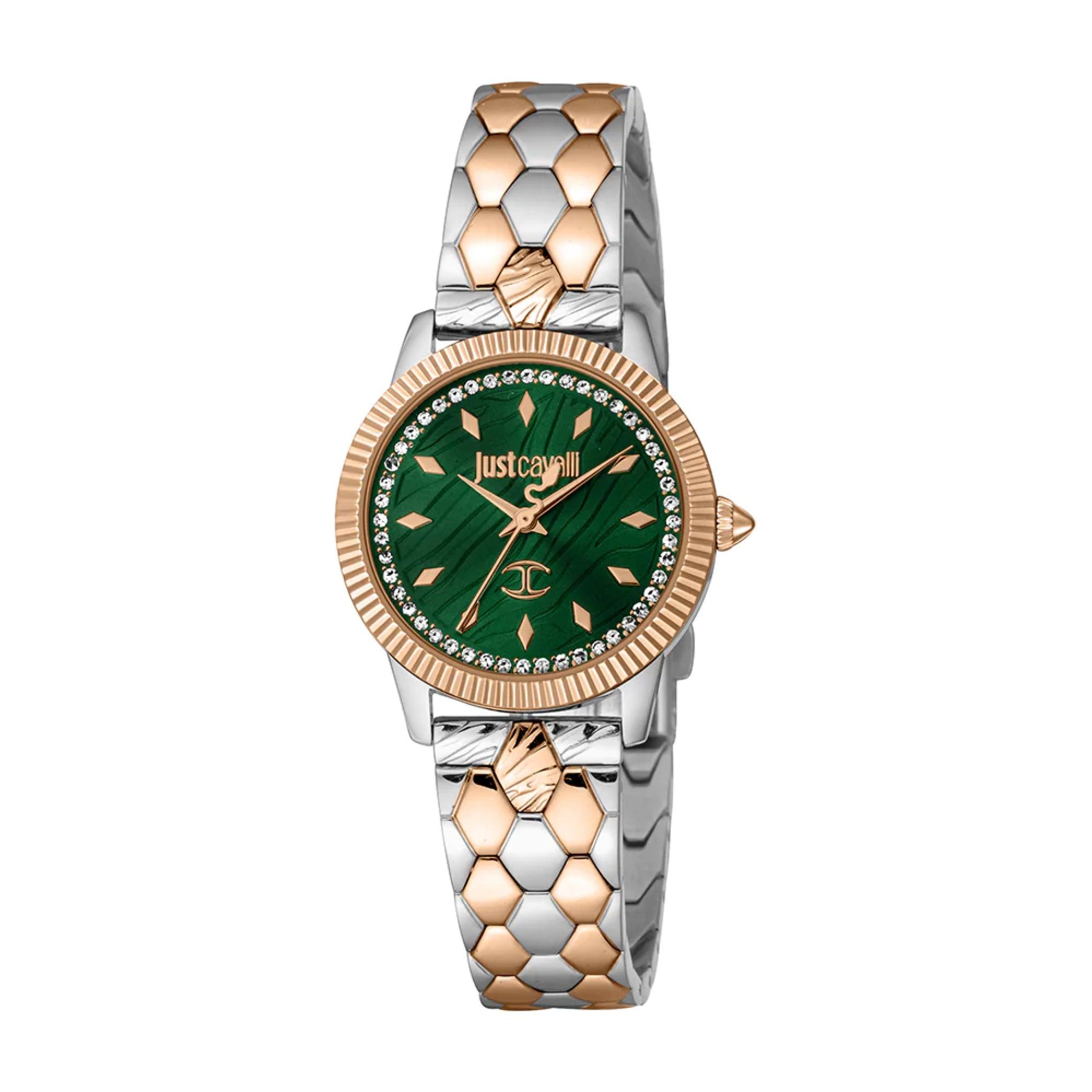 ساعة يد نسائية - فضي و ذهبي وردي - بحزام معدني مقاوم للصدأ جست كافالي Just Cavalli Women's Valentines Two Tones Silver Rose Gold Watch With Bracelet