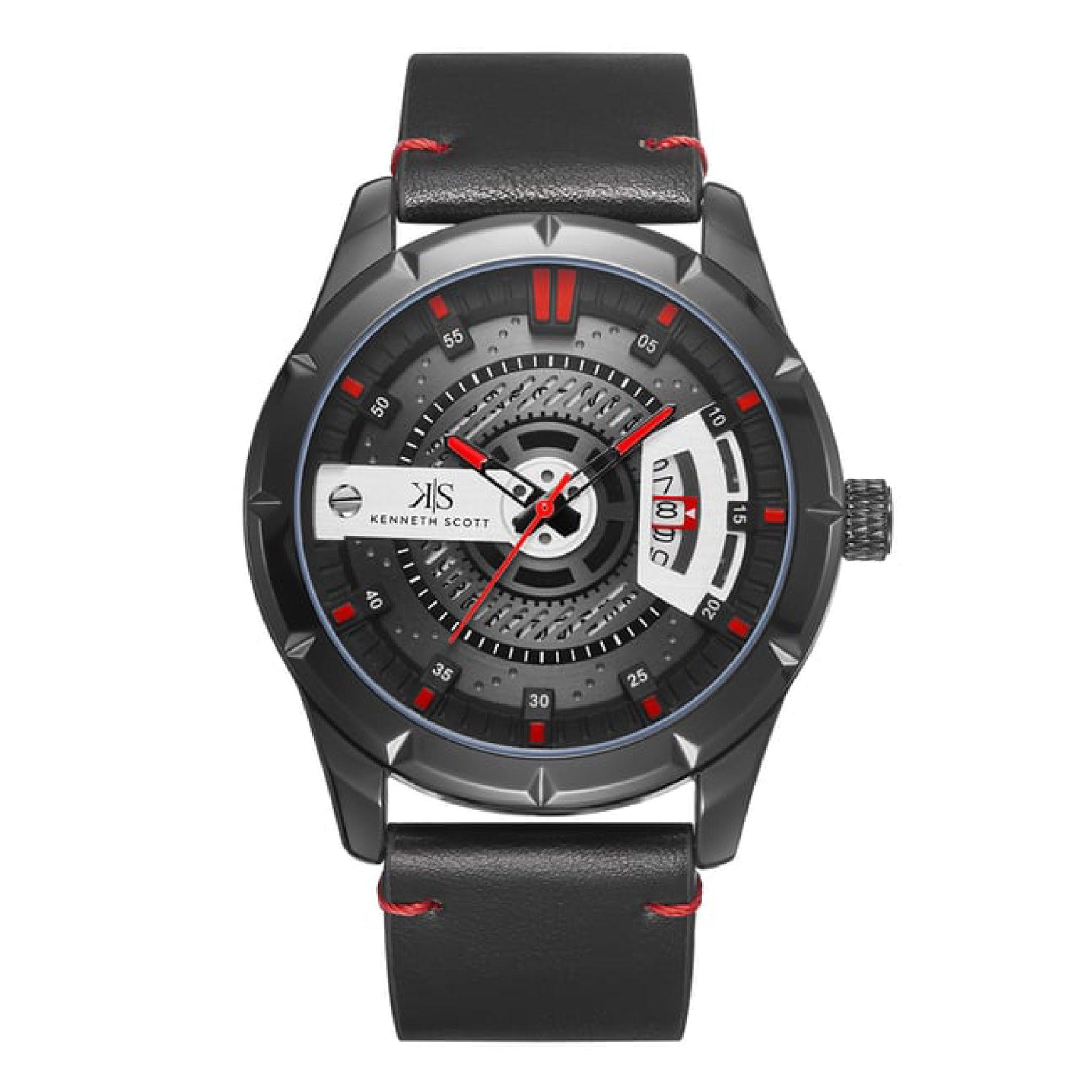 ساعة يد رجالية سوداء و بحزام من الجلد الطبيعي كينيث سكوت Kenneth Scott Men's Analog Black Dial Watch