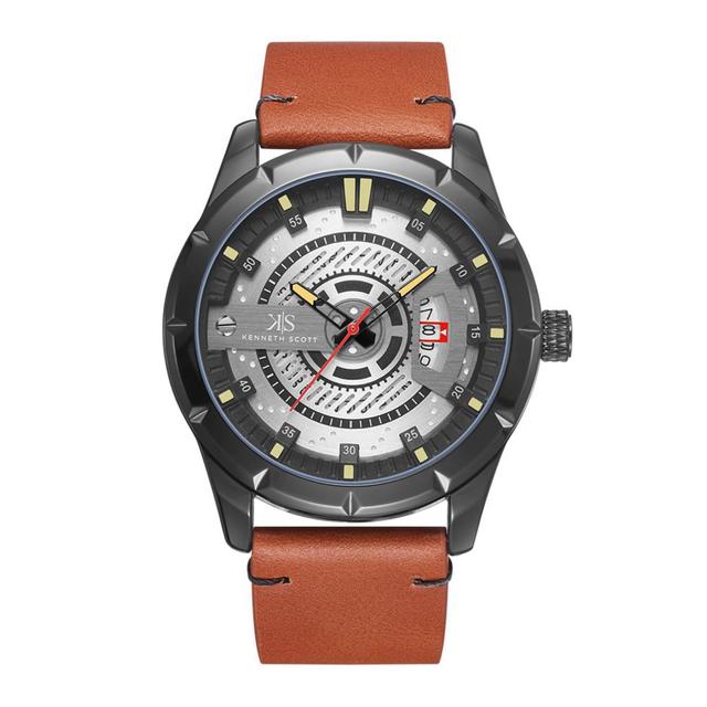 ساعة يد رجالية سوداء و بحزام من الجلد الطبيعي كينيث سكوت Kenneth Scott Men's Analog  Watch - SW1hZ2U6MTgzNzI1Ng==