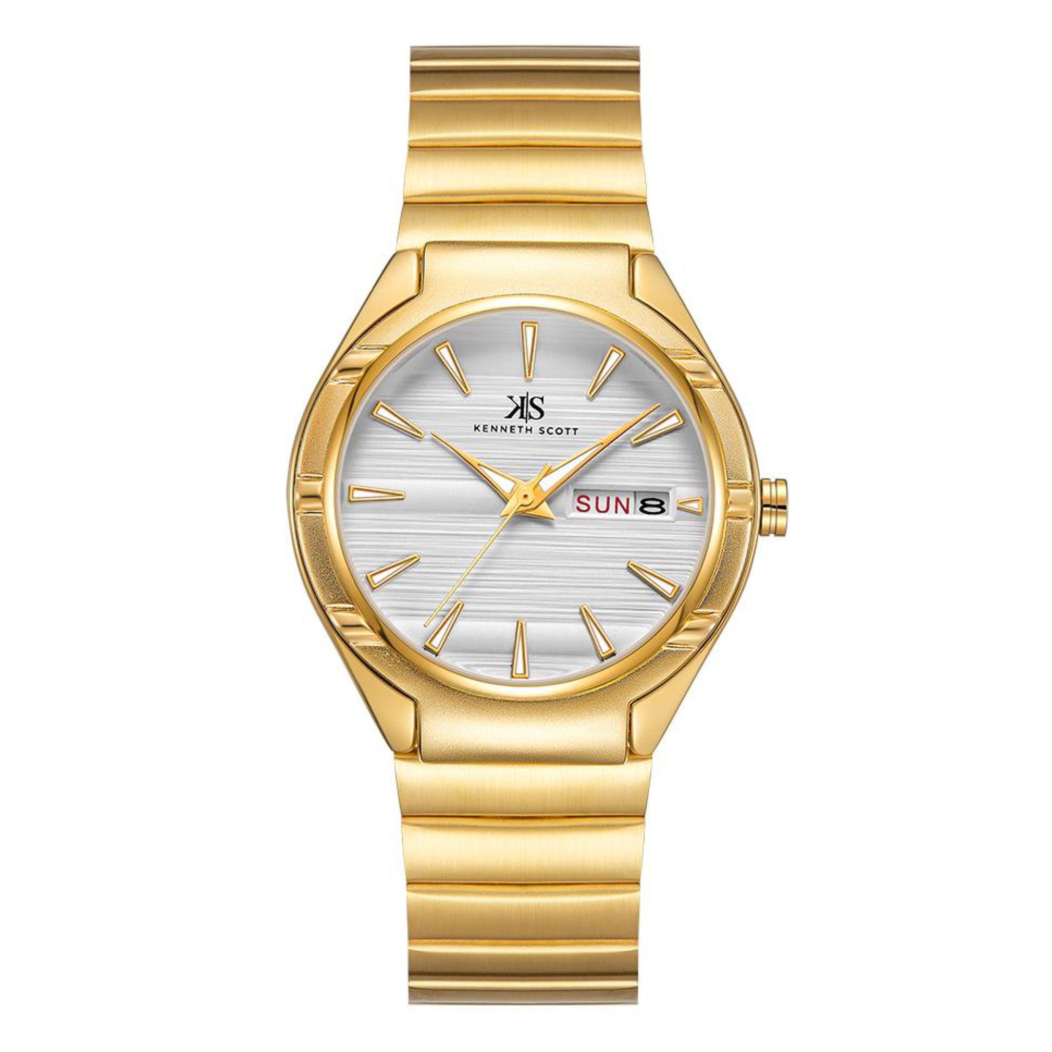 ساعة يد رجالية ذهبية بحزام معدني مقاوم للصدأ كينيث سكوت Kenneth Scott Men's Analog Watch