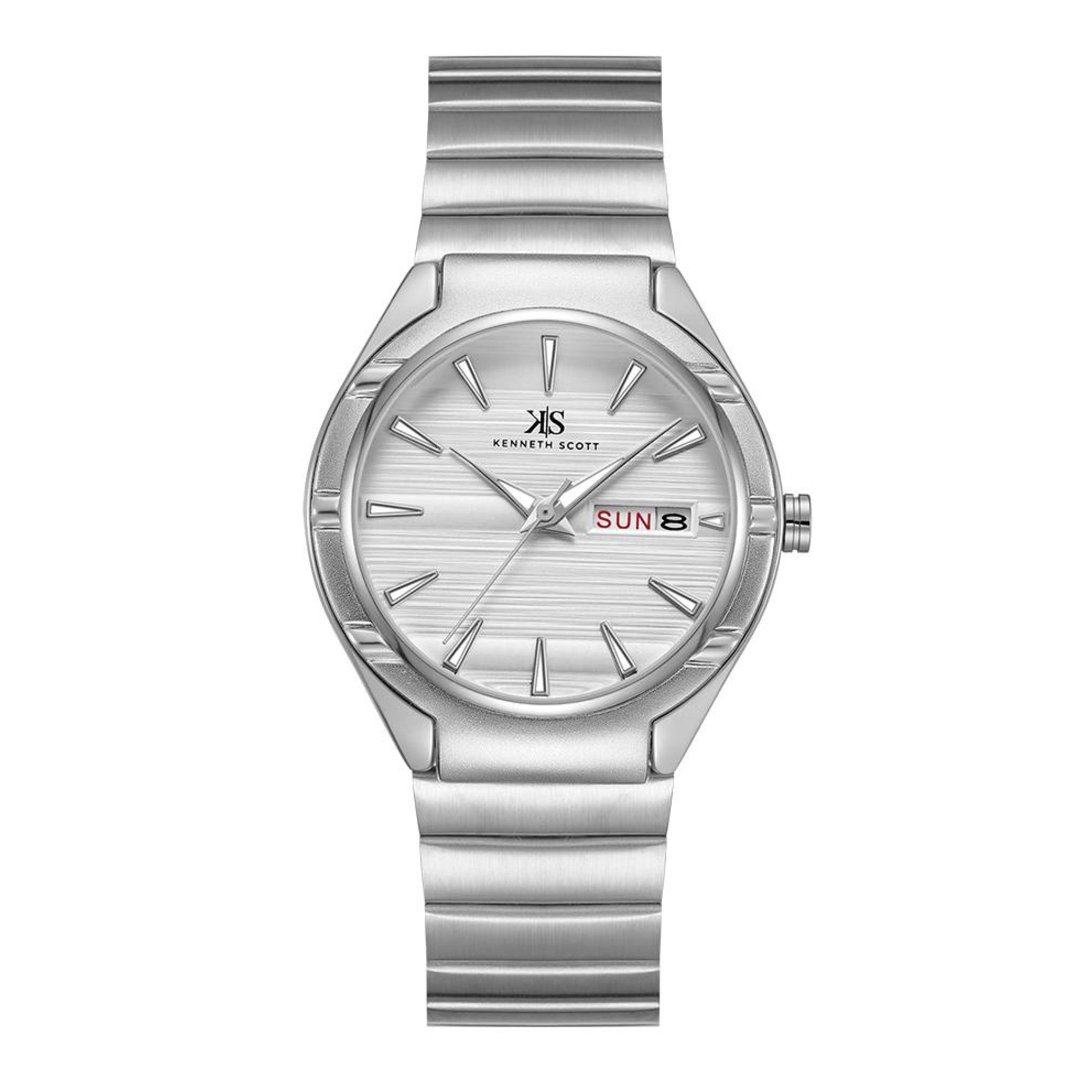 ساعة يد رجالية فضية بحزام معدني مقاوم للصدأ كينيث سكوت Kenneth Scott Men's Analog Watch