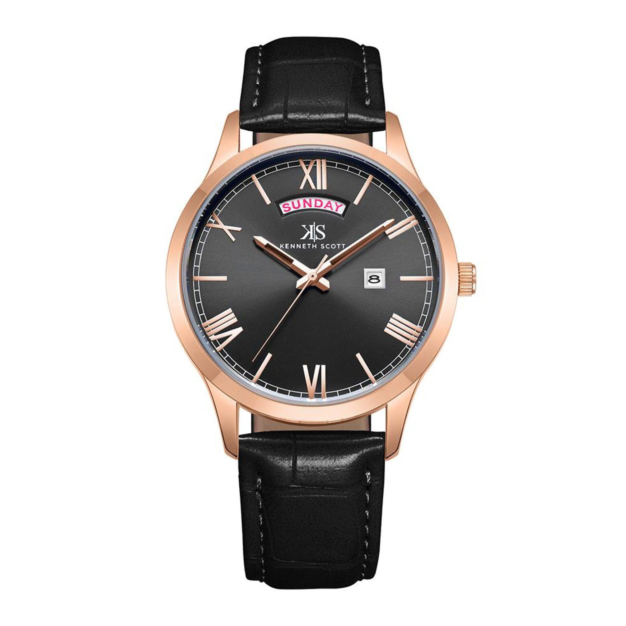 ساعة يد رجالية سوداء و بحزام من الجلد الطبيعي كينيث سكوت Kenneth Scott Men's Black Dial Analog Watch - K22014-Rlbb