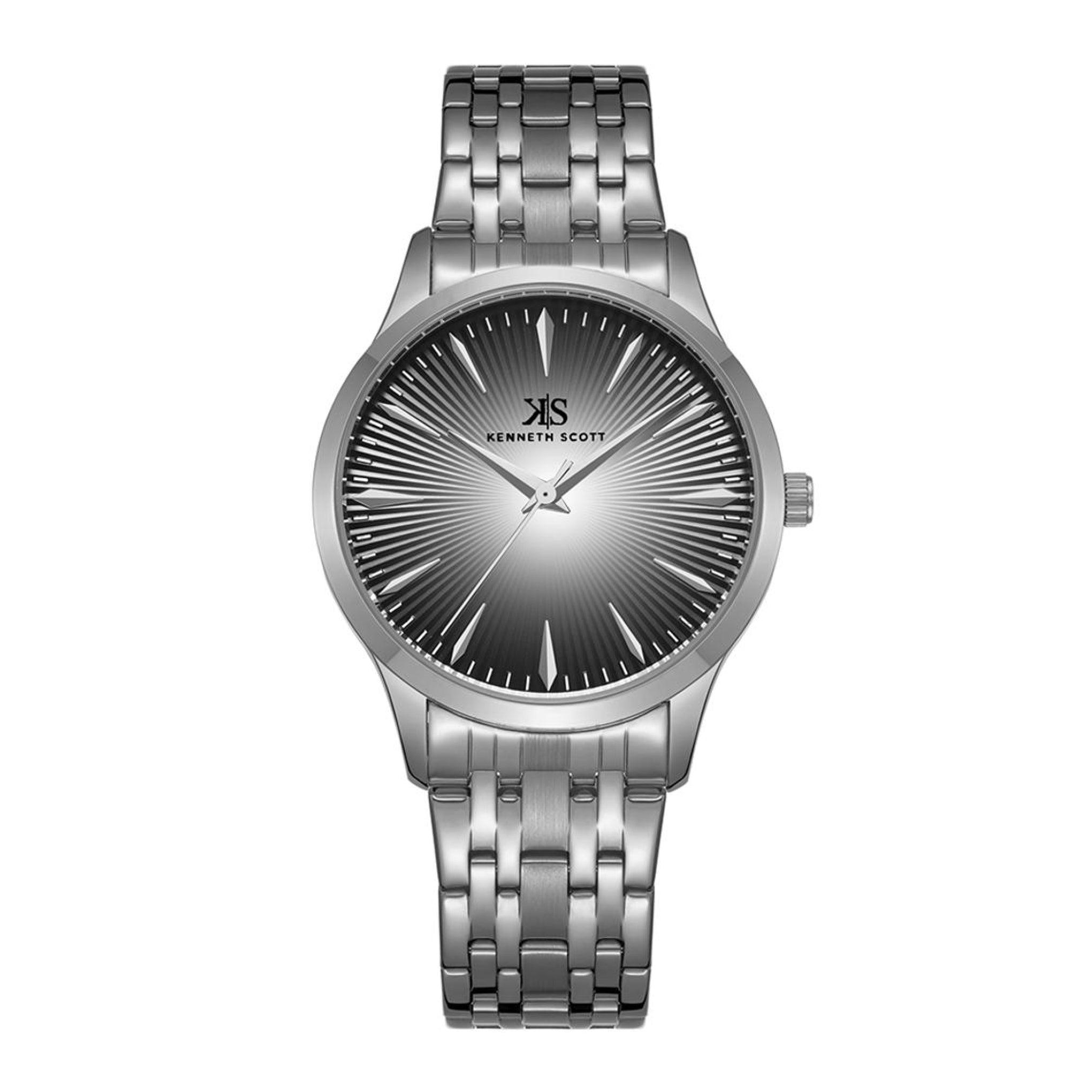ساعة يد رجالية رمادية بحزام فولاذي مقاوم للصدأ كينيث سكوت Kenneth Scott Men's Black Dial Analog Watch - K22016-Sbsb