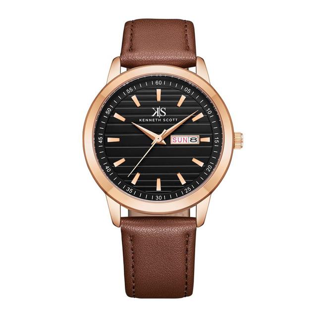 ساعة يد رجالية ذهبية بحزام من الجلد الطبيعي كينيث سكوت Kenneth Scott Men's Analog Watch - SW1hZ2U6MTgzNzE5Ng==