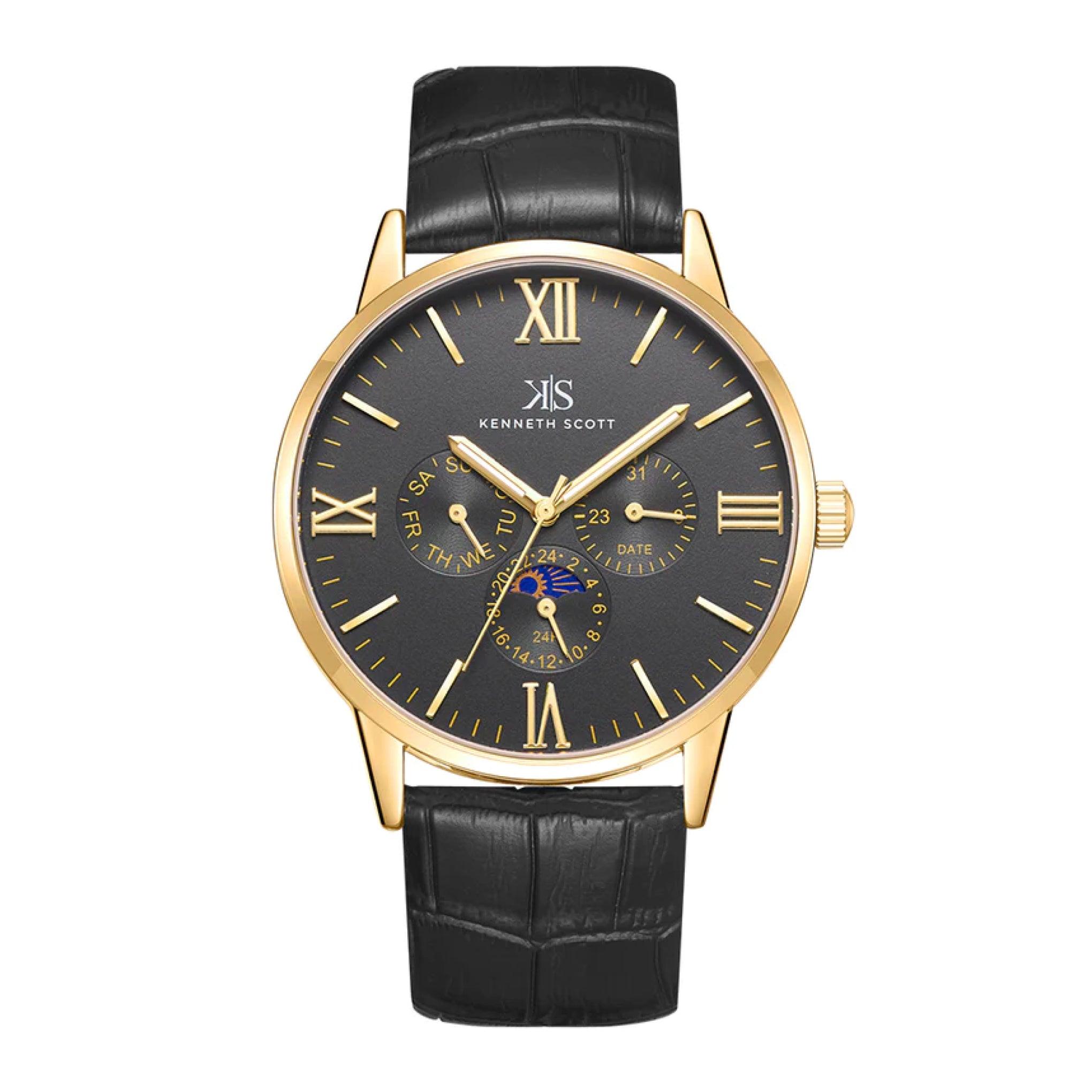 ساعة يد رجالية سوداء بحزام من الجلد الطبيعي كينيث سكوت Kenneth Scott Men's Analog Watch