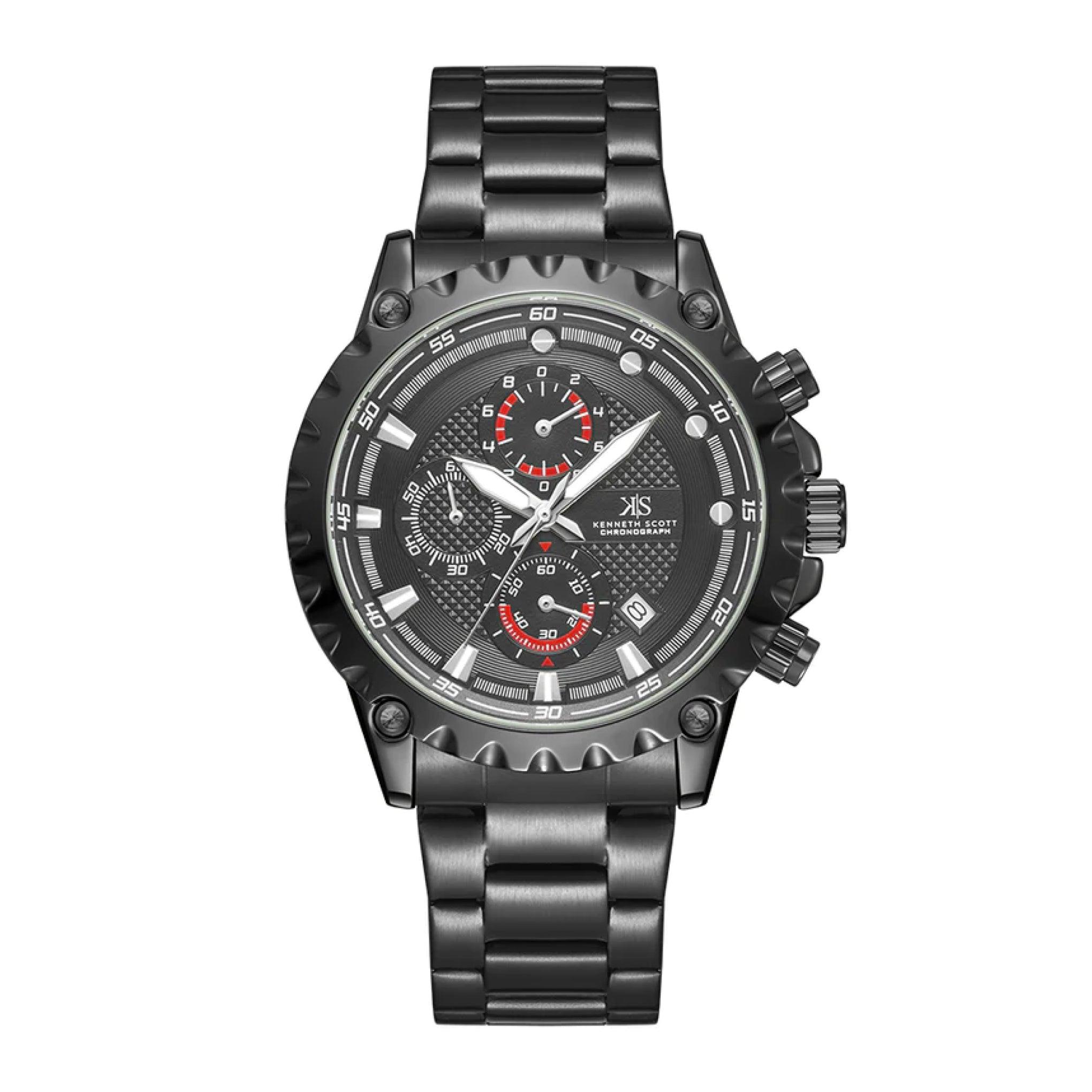 ساعة يد رجالية متعددة الوظائف - أسود و مينا باللون الأسود - بحزام أسود من الفولاذ المقاوم للصدأ كينيث سكوتKenneth Scott Men's Chronograph Watch