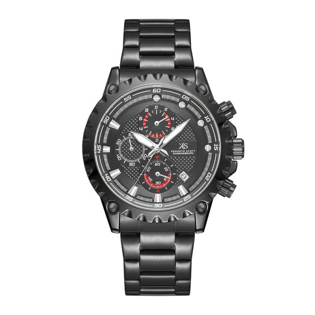 ساعة يد رجالية متعددة الوظائف - أسود و مينا باللون الأسود - بحزام أسود من الفولاذ المقاوم للصدأ كينيث سكوتKenneth Scott Men's Chronograph Watch - SW1hZ2U6MTgzMzM3Nw==