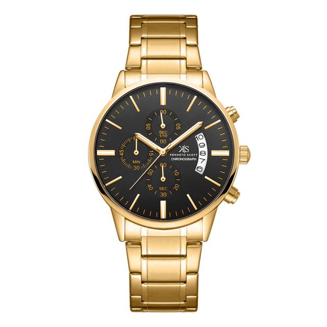 ساعة يد رجالية متعددة الوظائف - ذهبي و مينا باللون الأسود - بحزام ذهبي من الفولاذ المقاوم للصدأ كينيث سكوت Kenneth Scott Men's Chronograph Watch - SW1hZ2U6MTgzMzM3MA==
