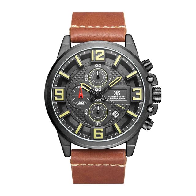 ساعة يد رجالية متعددة الوظائف - أسود و مينا باللون الأسود - بحزام بني من الجلد الطبيعي كينيث سكوت Scott Men's Chronograph Watch - SW1hZ2U6MTgzMzM1NA==