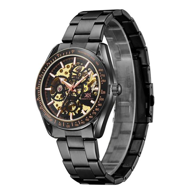 ساعة يد رجالية - أسود و مينا باللون الذهبي - بحزام فولاذي مقاوم للصدأ كينيث سكوت Kenneth Scott Men's Black Dial Mechanical Watch - SW1hZ2U6MTgzNDE5NA==