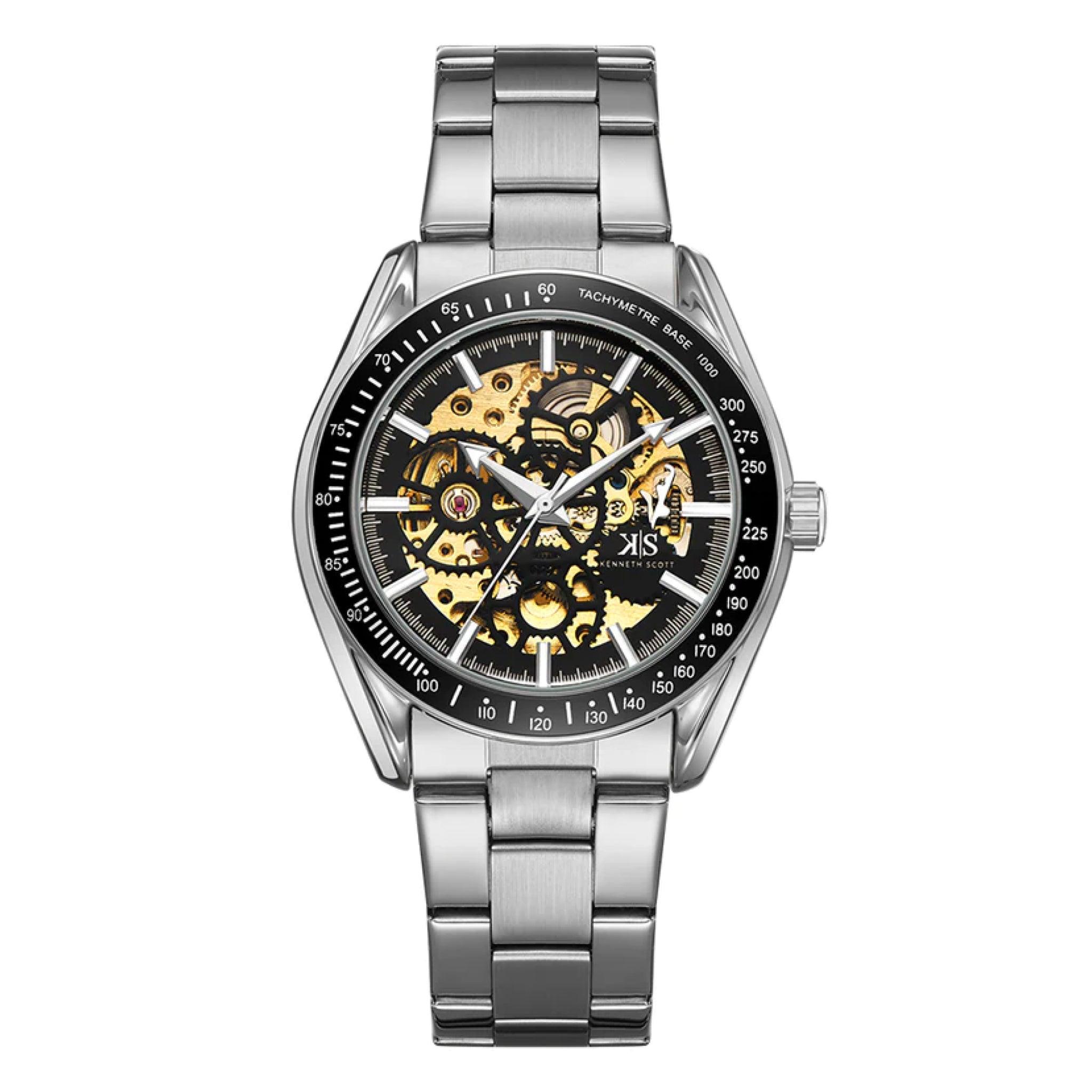 ساعة يد رجالية - فضي و مينا باللون الذهبي - بحزام فولاذي مقاوم للصدأ كينيث سكوت Kenneth Scott Men's Mechanical Watch