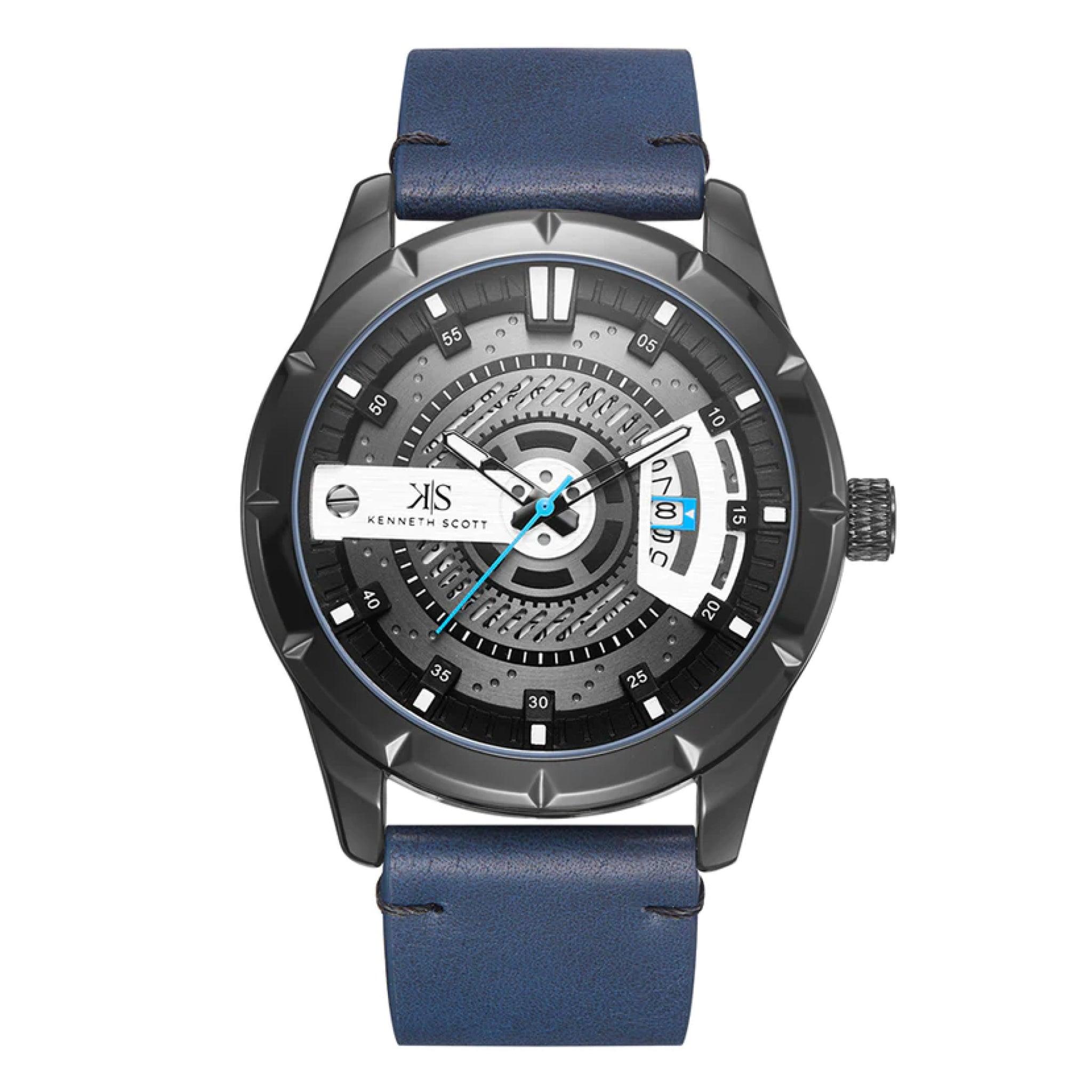 ساعة يد رجالية - أسود - بحزام أزرق من الجلد الطبيعي كينيث سكوت Kenneth Scott Men's Blue Analog Leather Strap Watch