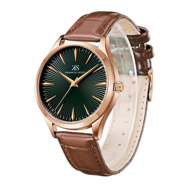 ساعة يد رجالية ذهبية و بحزام من الجلد الطبيعي كينيث سكوت Kenneth Scott Men's Analog Watch - K22016-Rldb - SW1hZ2U6MTgzNzIyNQ==