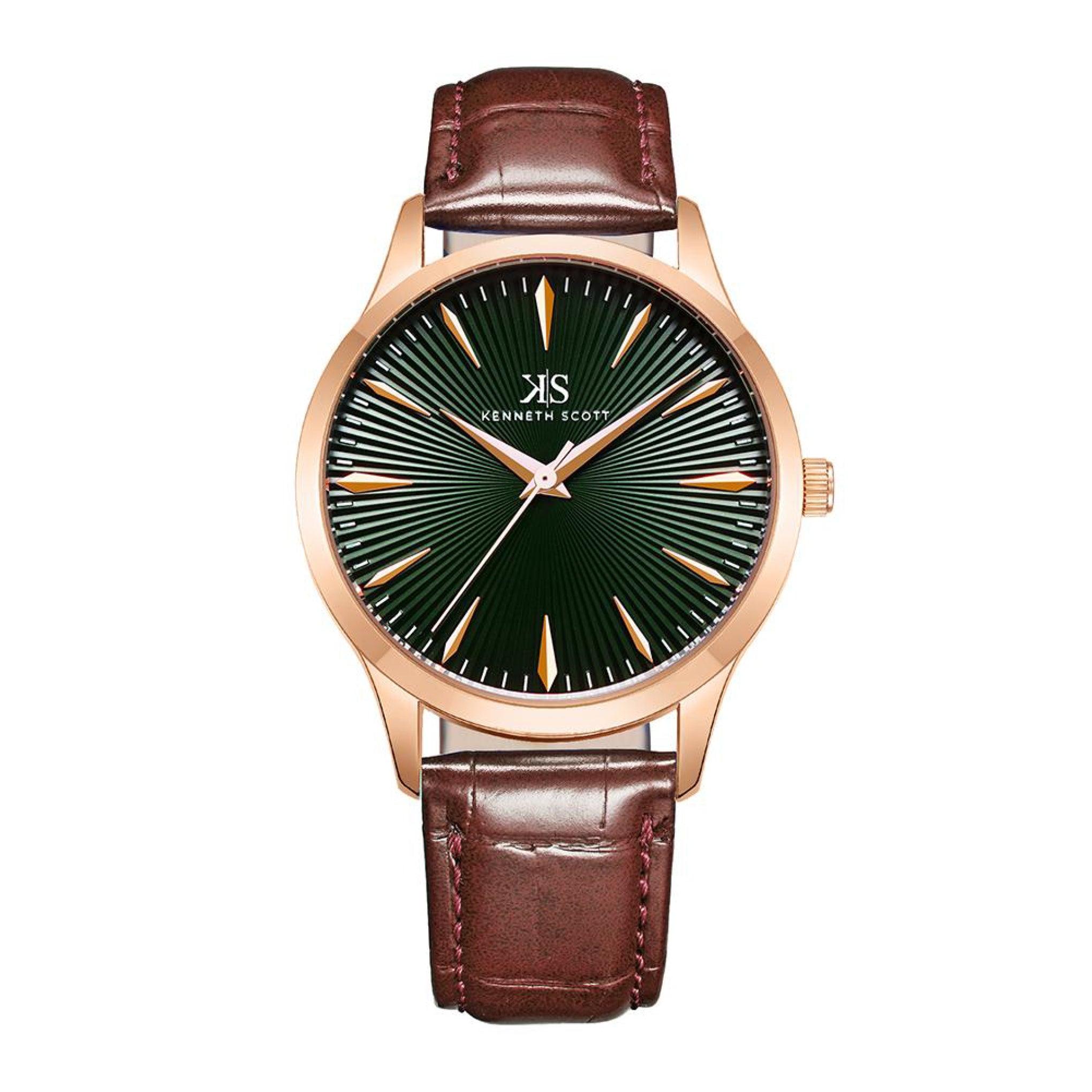 ساعة يد رجالية ذهبية و بحزام من الجلد الطبيعي كينيث سكوت Kenneth Scott Men's Analog Watch - K22016-Rldb