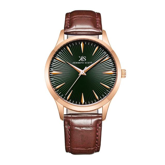 ساعة يد رجالية ذهبية و بحزام من الجلد الطبيعي كينيث سكوت Kenneth Scott Men's Analog Watch - K22016-Rldb - SW1hZ2U6MTgzNzIyMw==