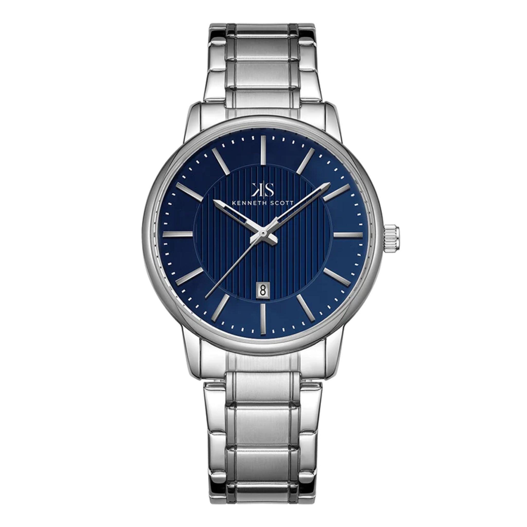 ساعة يد رجالية - فضي و مينا باللون الأزرق - بحزام فضي من الفولاذ المقاوم للصدأ كينيث سكوت Scott Men's Silver Analog Stainless Steel Strap Watch