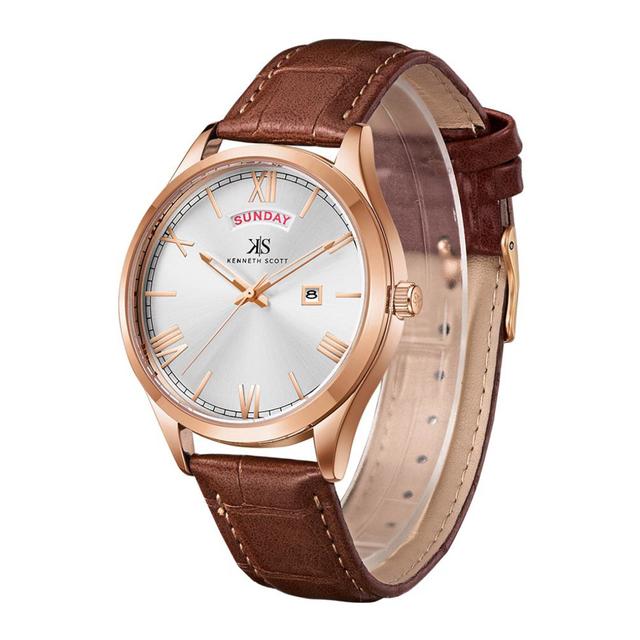 ساعة يد رجالية ذهبية و بحزام من الجلد الطبيعي كينيث سكوت Kenneth Scott Men's Analog Watch - SW1hZ2U6MTgzNzI0MA==