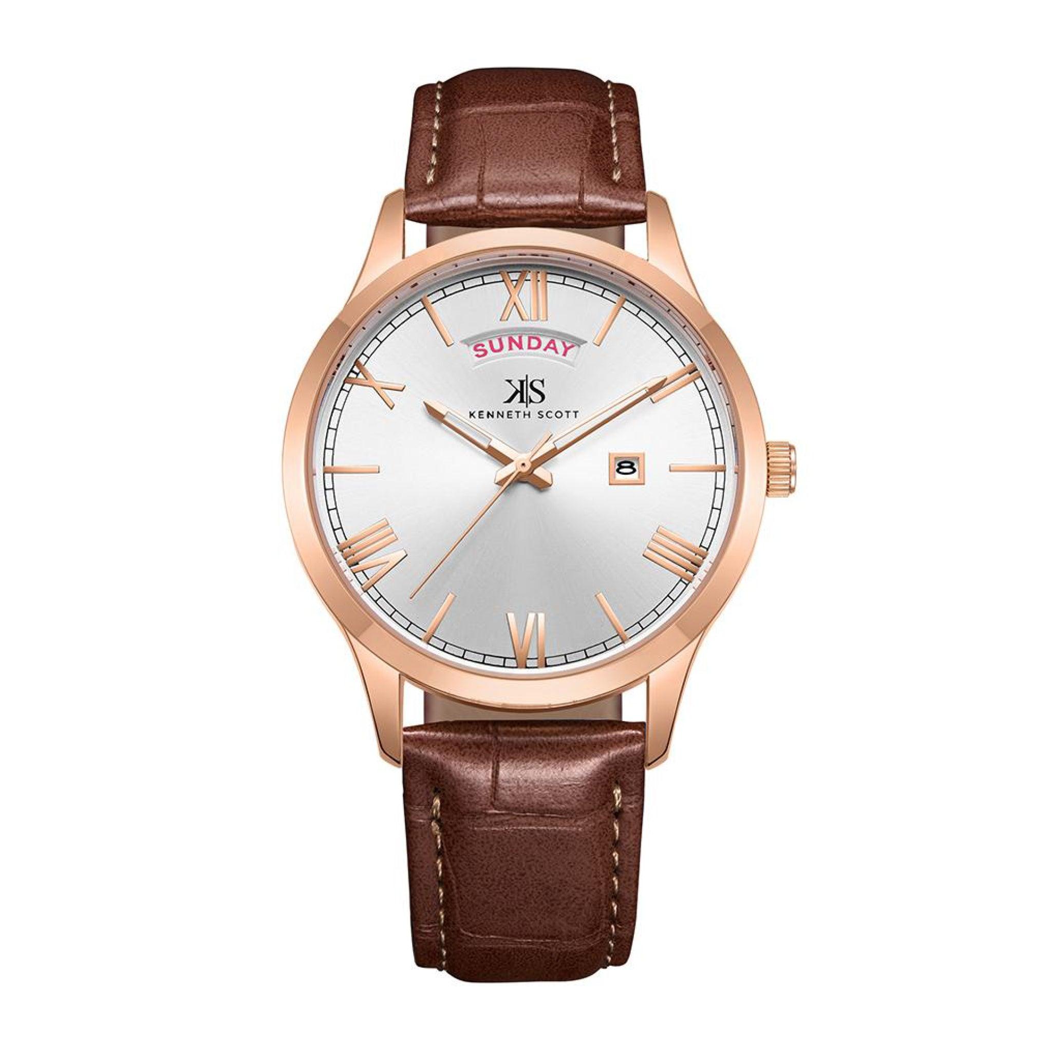 ساعة يد رجالية ذهبية و بحزام من الجلد الطبيعي كينيث سكوت Kenneth Scott Men's Analog Watch