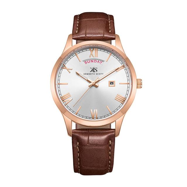 ساعة يد رجالية ذهبية و بحزام من الجلد الطبيعي كينيث سكوت Kenneth Scott Men's Analog Watch - SW1hZ2U6MTgzNzIzOA==