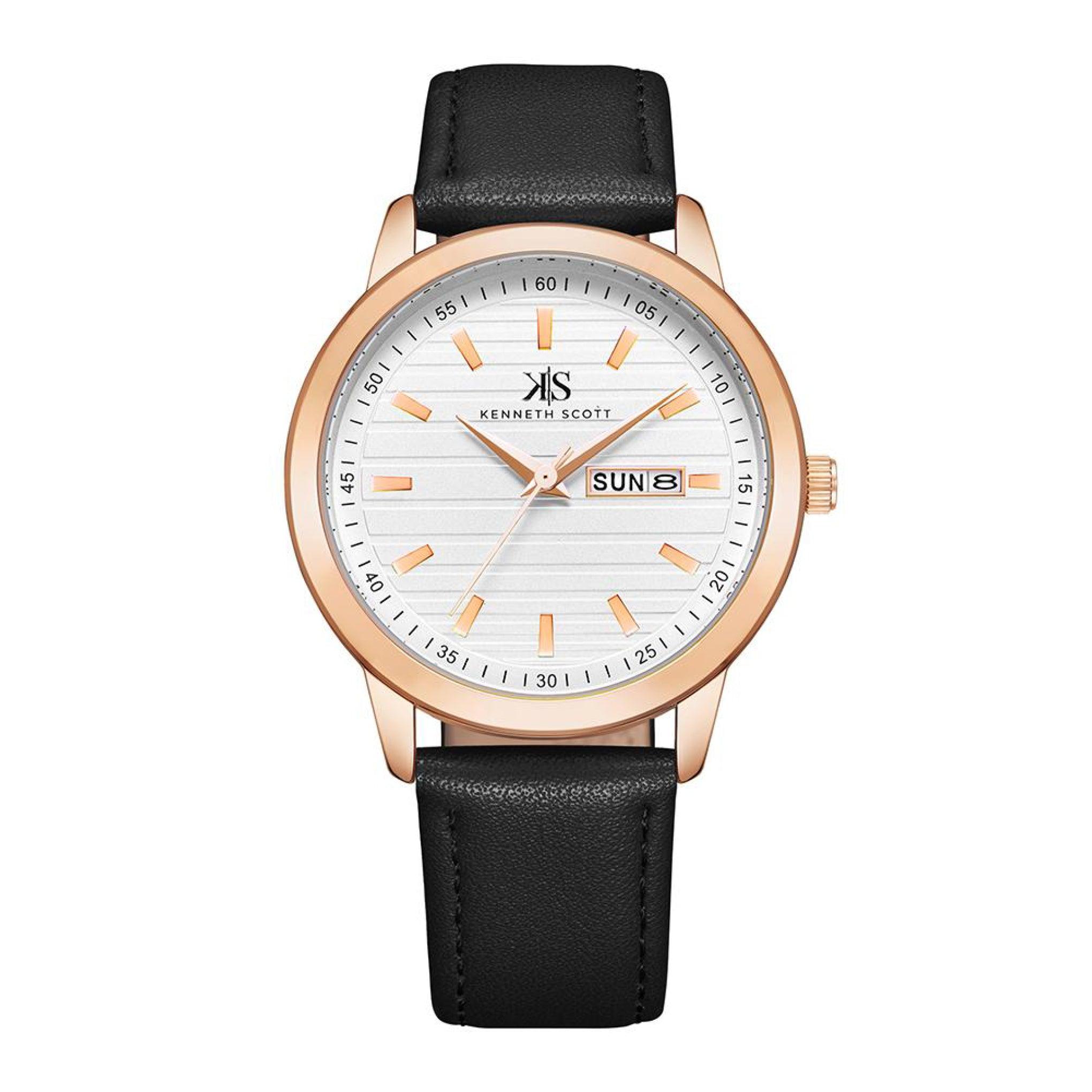 ساعة يد رجالية ذهبية بحزام من الجلد الطبيعي كينيث سكوت Kenneth Scott Men's Analog Watch