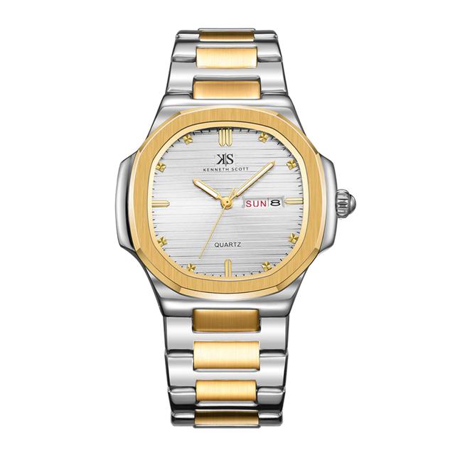 ساعة يد رجالية - فضي و ذهبي - بحزام معدني مقاوم للصدأ  كينيث سكوت Kenneth Scott Men's Analog Watch - SW1hZ2U6MTgzNzE1Mw==