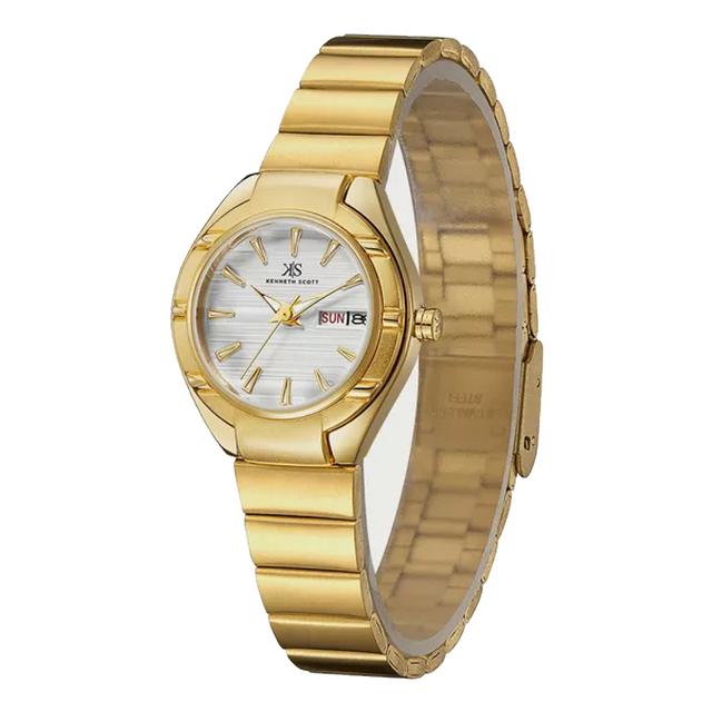 ساعة يد نسائية - ذهبي و مينا باللون الأبيض - بحزام ذهبي من الفولاذ المقاوم للصدأ كينيث سكوت Kenneth Scott Women's Gold Analog Stainless Steel Strap Watch - SW1hZ2U6MTgyMjExMg==